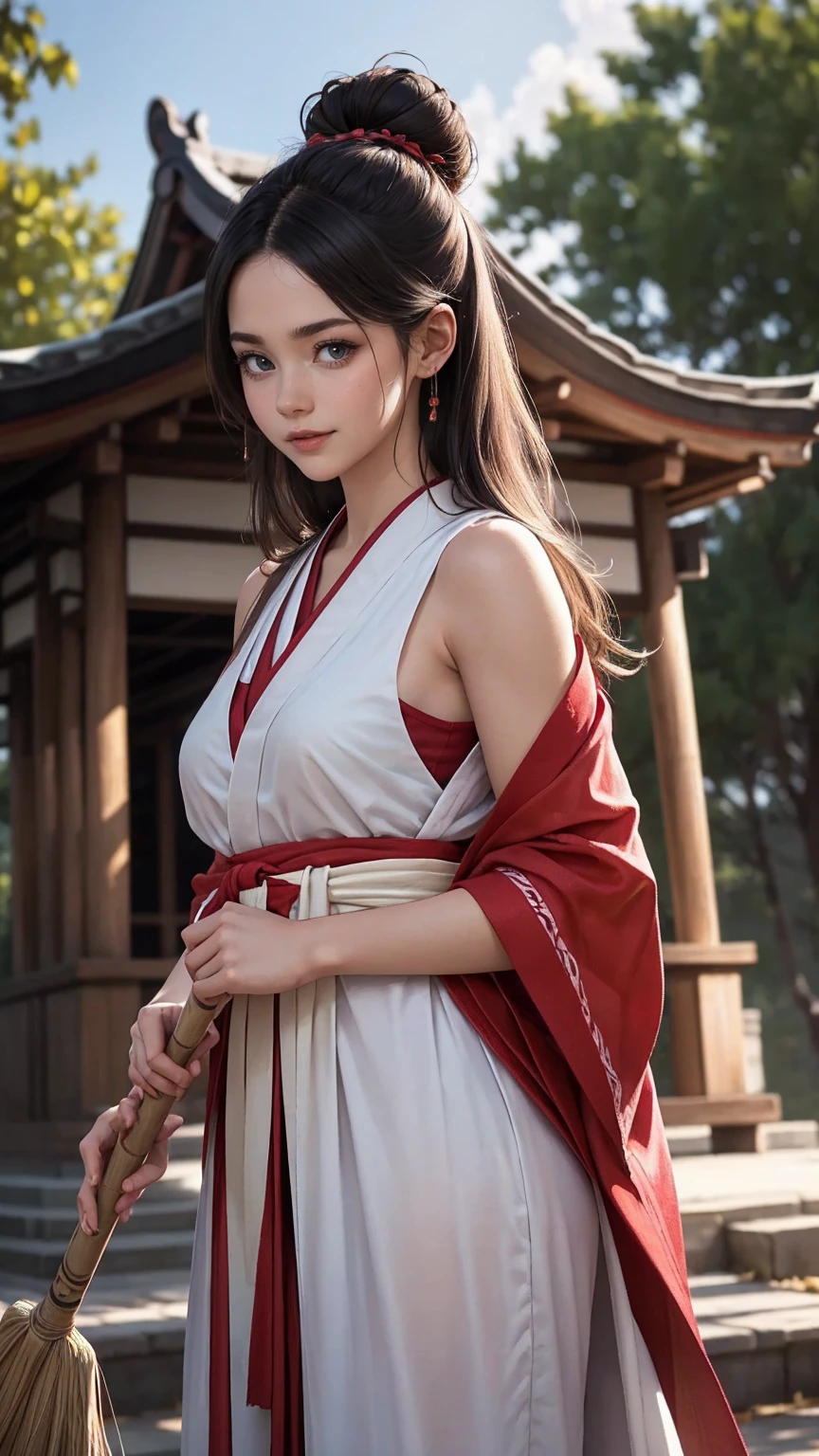blonde hair, gradient hair, hair over shoulder, hair behind ear, longeyelashes, light smile, Surrealism, depth of field, atmospheric perspective, foreshortening, UHD, anatomically correct, highres, 16k、
((最high quality, 8K, masterpiece: 1.3, Ultra HD, high quality, 最high quality, High resolution, realism)) 、(high color saturation:1.0), (highly detailed skin), (最high quality:1.0), (超High resolution:1.0) ,(realistic:1.0), (Super detailed:1.0), (8K, Raw photo:1.1), slender、Slender, muscular body that's toned like an athlete's、I don't want my head to disappear from the screen.、25 year old Japanese woman、shiny black hair、black eye、long hair、hair above one eye、smile、On the approach to a Japanese shrine、She is a shrine maiden.、Sweeping the grounds with a bamboo broom、Grinning ((light smile))、hair behind ear, side bun, 8k