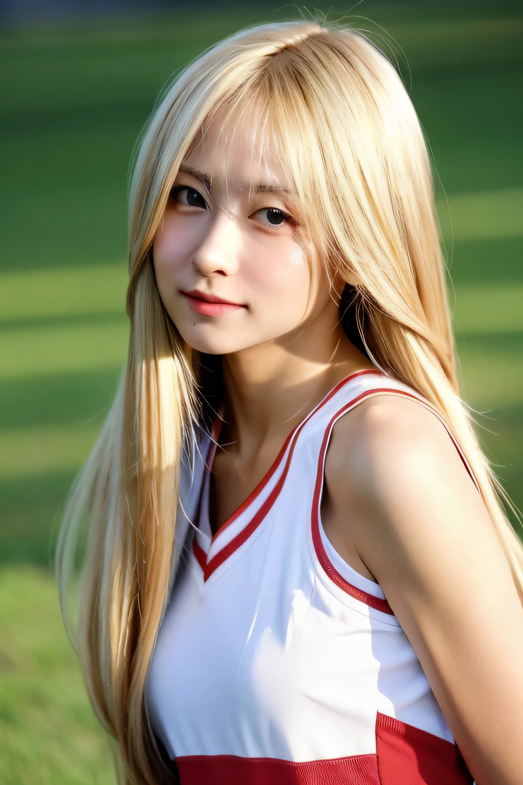 ((highest quality)), ((masterpiece)), (be familiar with), perfect face (1 girl) (Japanese) (She is the cutest 18-year-old student in Japan.)((highest quality)), ((masterpiece)), (become familiar with), perfect face arafed woman with long blonde hair long golden shiny hair,Golden silky hair, Straight blonde hair, long blonde straight hair, Perfect silky straight hair, Straight blonde hair, long blonde hair, her hair is long and straight, detailed long blonde hair (Big breasts as big as dodgeballs 1.4) (big breasts 1.4) (Super long hair down to the ankles) neat bangs The neatly trimmed bangs are princess cut and cover the entire forehead.. bright deep red lip fine hands fine fingers five fingers Sexy professional make up beautiful japanese girl face, Facial features of Japan, with long hair shiny long hair, long golden shiny hair, long and straight golden hair, her hair is long and straight, super long hair girl, silky hair, long blonde hair, silky hair, Long flat hair, Silky texture, with long hair, Long flowing blonde hair, thin and shiny hair (twin tails) Detailed white beautiful human body anatomically correct skin detailed eyes detailed mouth the corners of the mouth rise slightly (lips are thin) front view embarrassed look smiling expression serious expression (Cheerleader uniform) (sunny grassland) (looking at the viewer) (Eyebrows are dark brown in color) Please cover your entire body from head to ankles.