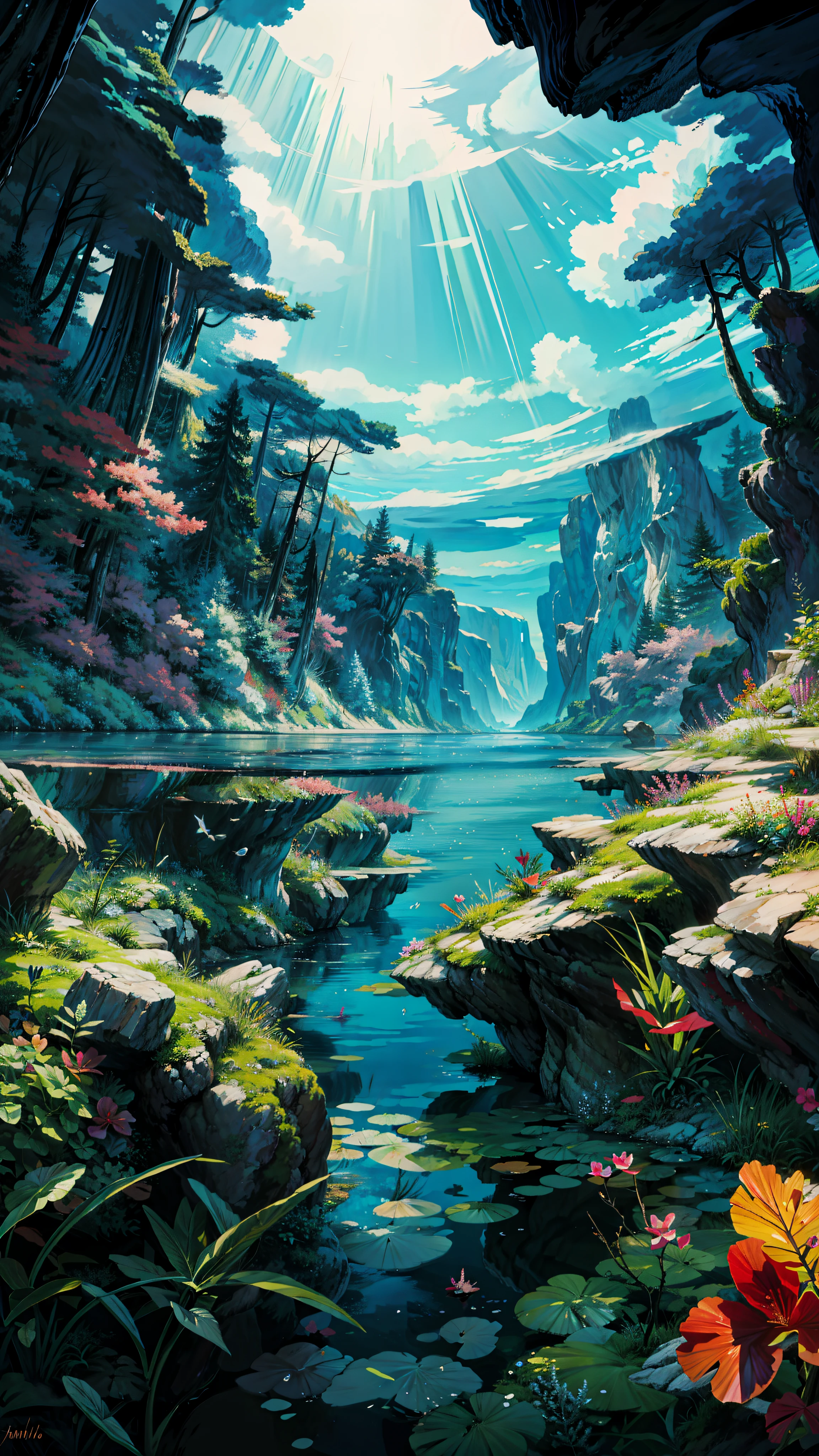 a painting of half underwater scene and half over the river scene in the middle of a forest, trending anime artwork, underwater world, stylized fractal background, submerged, in this painting, centered horizon, broken reality, underwater plants, 4k hd,, beautiful art uhd 4 k, a beautiful artwork illustration, beautiful digital painting, highly detailed digital painting, beautiful digital artwork, detailed painting 4 k, very detailed digital painting, rich picturesque colors, gorgeous digital painting