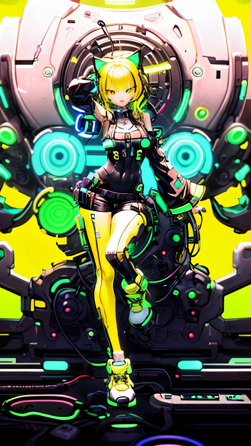 masterpiece, highest quality, 4K, Photorealistic, bokeh, enlightenment,1 perfect portrait of a girl, (A fascinating eye for perfect detail:1.2), colorful hair, (gradient hair), (neon yellow hair:1.6), (Cat ear:1.2), fantasy background, (exposed bare shoulders), (long-term alienation_sleeve), (lean forward a little), head tilt, movie lighting, oversized clothes, (seductive pose:1.4), (neon yellow background:1.6)
