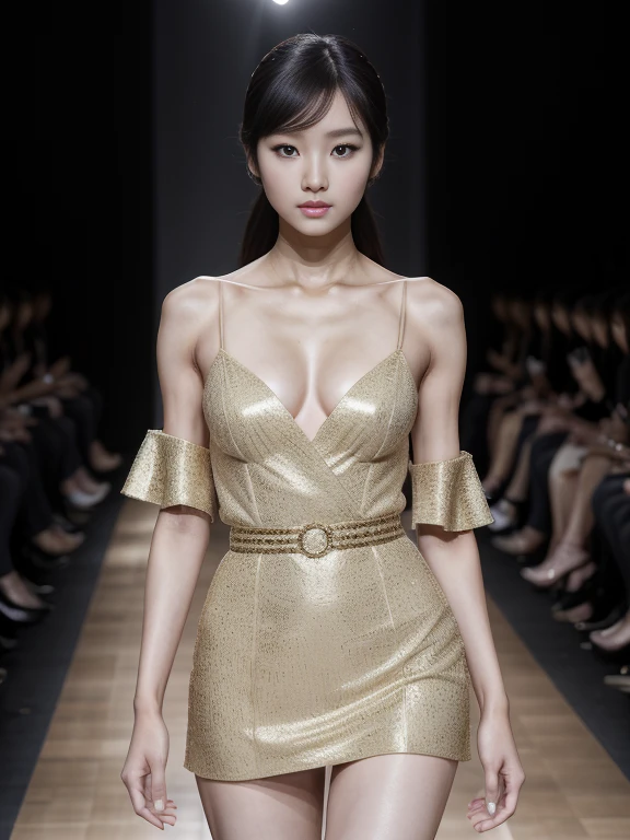 (8k, highest quality, ultra detailed:1.37), (Hana), 18yo, (a South Korean fashion model), struts confidently on the runway during a prestigious fashion week event. Dressed in a stunning designer ensemble, Hana's elegance and poise captivate the audience. The high-resolution image captures ultra-detailed realism, highlighting Hana's captivating eyes, flawless complexion, and fashionable hairstyle. The glamorous runway and stylish set design add to the visual appeal, creating a visually stunning representation of Hana's success in the fashion industry.