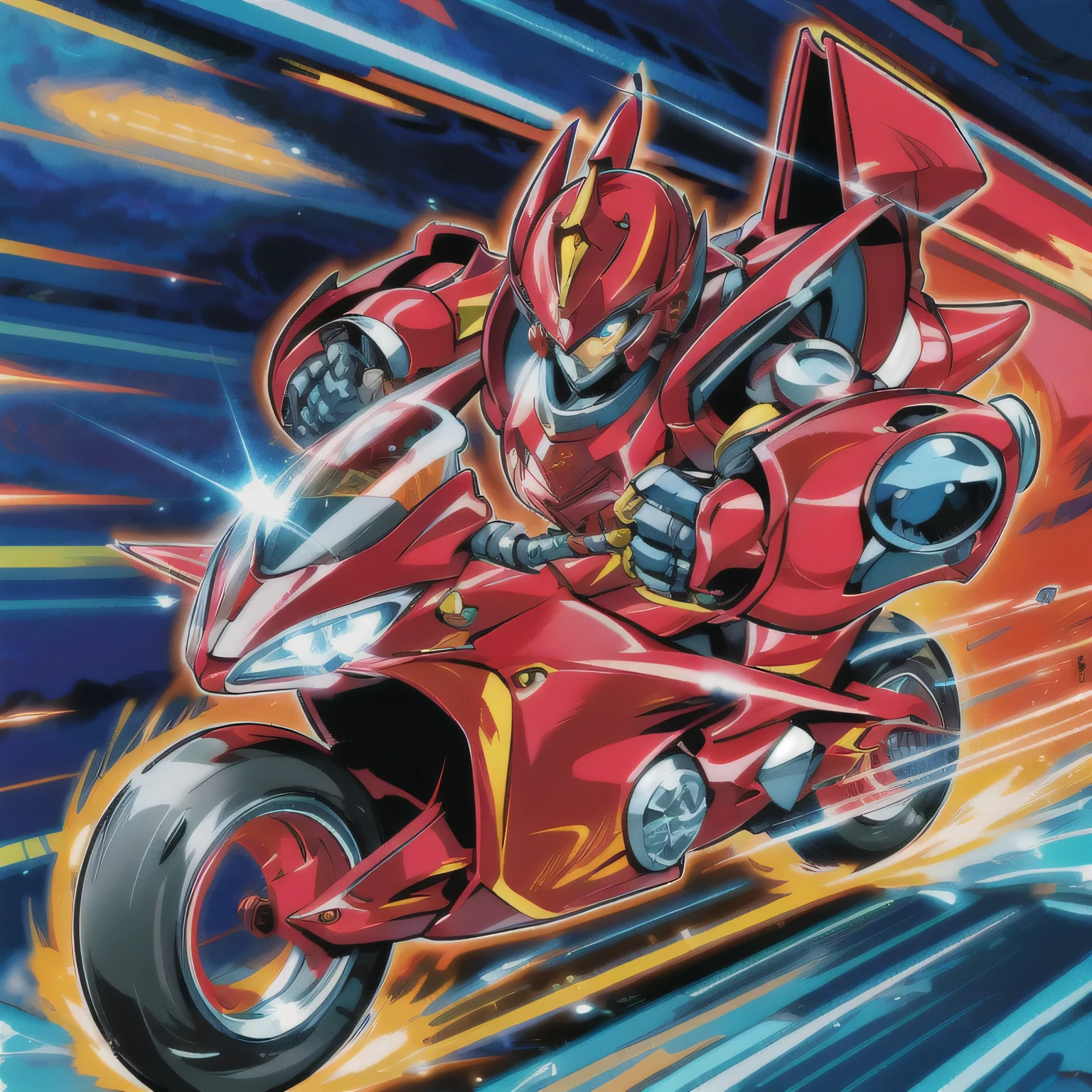 Feminized robot，Red motorcycle、red hat、Anime style picture of yellow tail, Akira Hon, getter robo, high-tech red armor, Headquarters artwork, riding a futuristic motorcycle, Samurai Ryusam, red armor, Super War, Ultrahigh speed, akira's motorcycle, 1/100 Sealing speed, Scarab clone