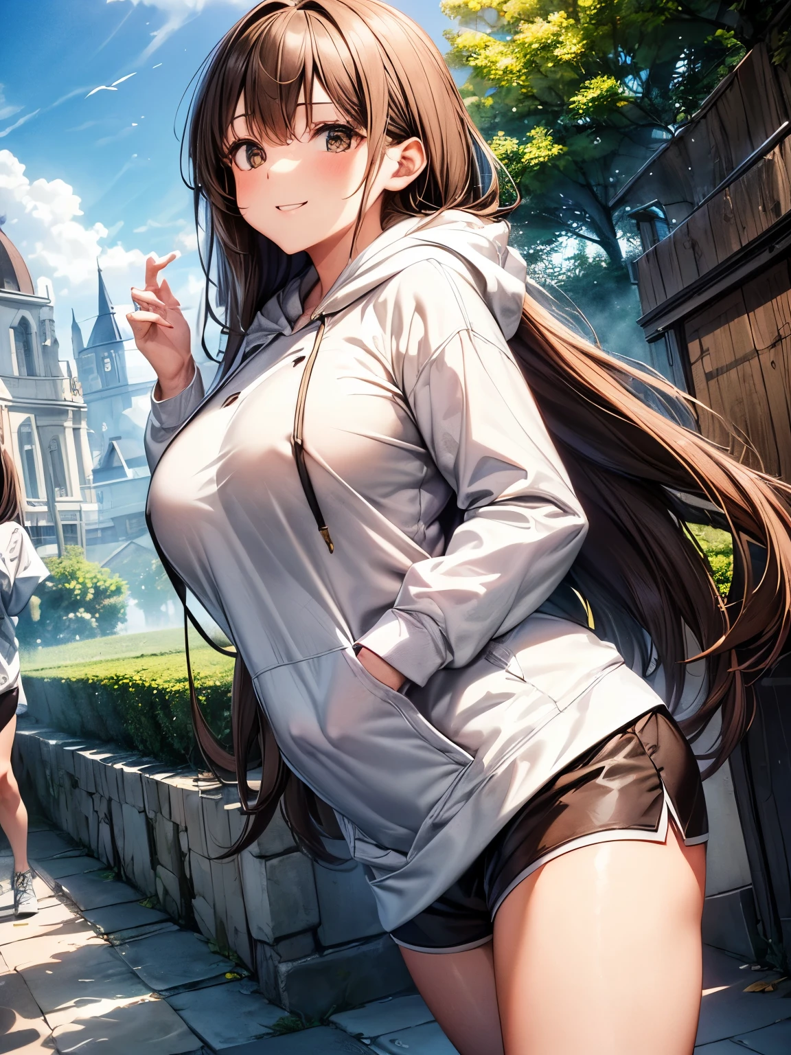 highest quality、complete limbs、Beautiful woman、solo、((brown haired woman:1.4))、((Woman with long straight hair))、(big breasted woman:1.3)、(Woman wearing a white hoodie:1.3)、(((Woman in black shorts)))、smile、garden、Clear skies、Woman taking a walk、squirt、back view