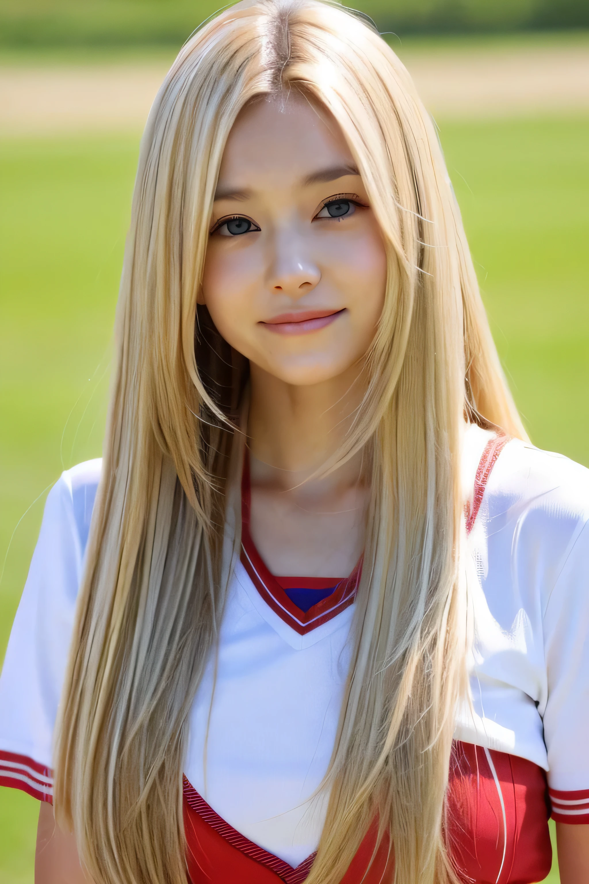 ((highest quality)), ((masterpiece)), (be familiar with), perfect face (1 girl) (Japanese) (She is the cutest 18-year-old student in Japan.)((highest quality)), ((masterpiece)), (become familiar with), perfect face arafed woman with long blonde hair long golden shiny hair,Golden silky hair, Straight blonde hair, long blonde straight hair, Perfect silky straight hair, Straight blonde hair, long blonde hair, her hair is long and straight, detailed long blonde hair (Big breasts as big as dodgeballs 1.4) (big breasts 1.4) (Super long hair down to the ankles) neat bangs The neatly trimmed bangs are princess cut and cover the entire forehead.. bright deep red lip fine hands fine fingers five fingers Sexy professional make up beautiful japanese girl face, Facial features of Japan, with long hair shiny long hair, long golden shiny hair, long and straight golden hair, her hair is long and straight, super long hair girl, silky hair, long blonde hair, silky hair, Long flat hair, Silky texture, with long hair, Long flowing blonde hair, thin and shiny hair (twin tails) Detailed white beautiful human body anatomically correct skin detailed eyes detailed mouth the corners of the mouth rise slightly (lips are thin) front view embarrassed look smiling expression serious expression (Cheerleader uniform) (sunny grassland) (looking at the viewer) (Eyebrows are dark brown in color) Please cover your entire body from head to ankles.
