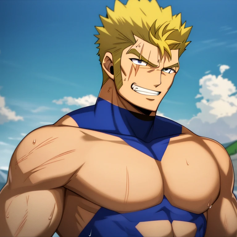 (((best quality, high resolution, masterpiece, best quality))),anime screencap, 1boy, muscular male, sweaty, masterpiece, depth of field, baseballplayer, looking at viewer, laxus_dreyar, yellow hair, chest tattoo, yellow lightning, spark, grin, dynamic pose,
