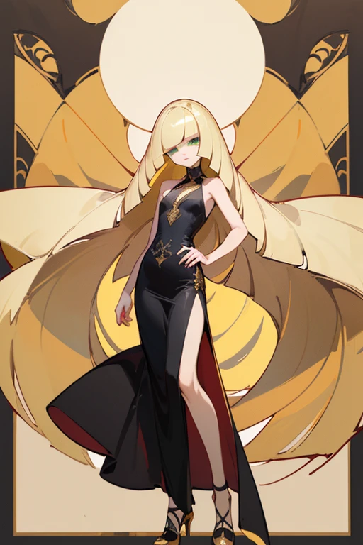 ((highest quality)), ((masterpiece)), (be familiar with), Lusamine,Slender,slender,long blonde hair,small breasts,erect nipples,adult women,green eyes,slanted eyes,sleeveless dress,black dress,Golden embroidery,long skirt,high heels,Bewitching