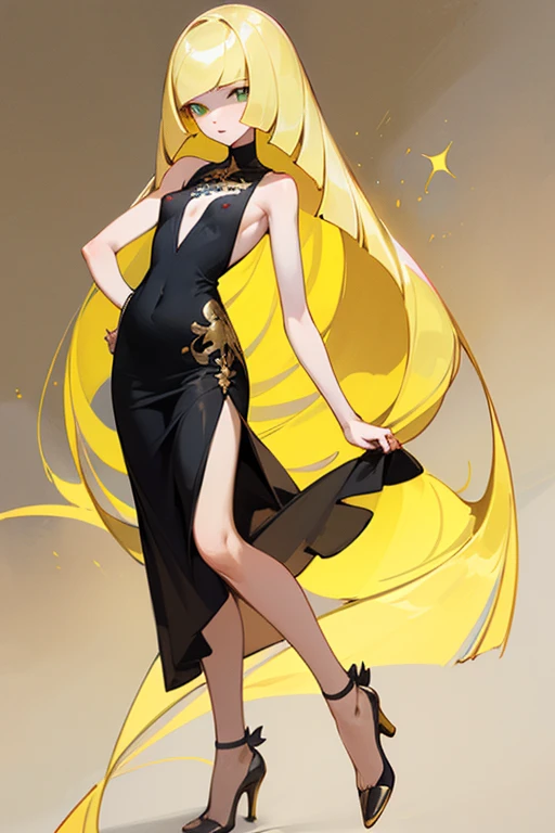 ((highest quality)), ((masterpiece)), (be familiar with), Lusamine,Slender,slender,long blonde hair,small breasts,erect nipples,adult women,green eyes,slanted eyes,sleeveless dress,black dress,Golden embroidery,long skirt,high heels,Bewitching
