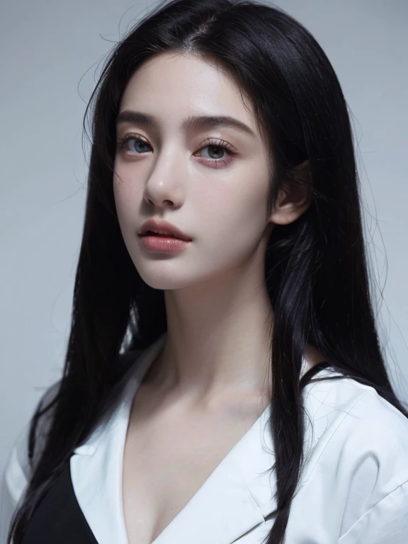 ( masterpiece, top quality, best quality,8k,17 years old girl,ultra detailed,raw photo:1.5),(photorealistic:1.4), (straight black hair:1.5), (cinematic lighting), PerfectNwsjMajic, , Surrealism, UHD, ccurate, Super detail, textured skin, High detail, Best quality, dynamic angle, White skin,[Beautiful blue eyes], high nose,[flat chest:large breasts:0.5],(1girl),(good anatomy:0.5)),(Portrait:1.5),snow