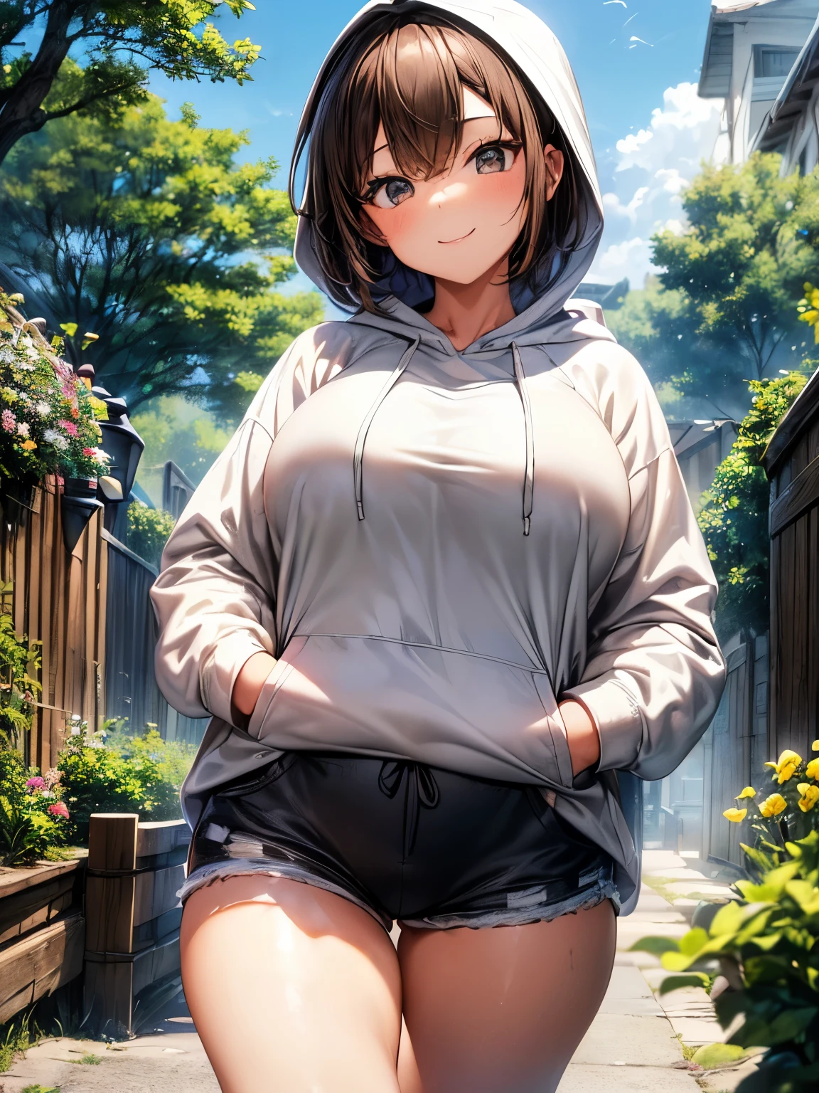 highest quality、complete limbs、Beautiful woman、solo、((brown haired woman:1.4))、((Very Shorthair Woman))、(big breasted woman:1.3)、(Woman wearing a white hoodie:1.3)、(((Woman in black shorts)))、smile、garden、Clear skies、Woman taking a walk、squirt、((A woman wearing a hoodie))、woman with hands in pockets