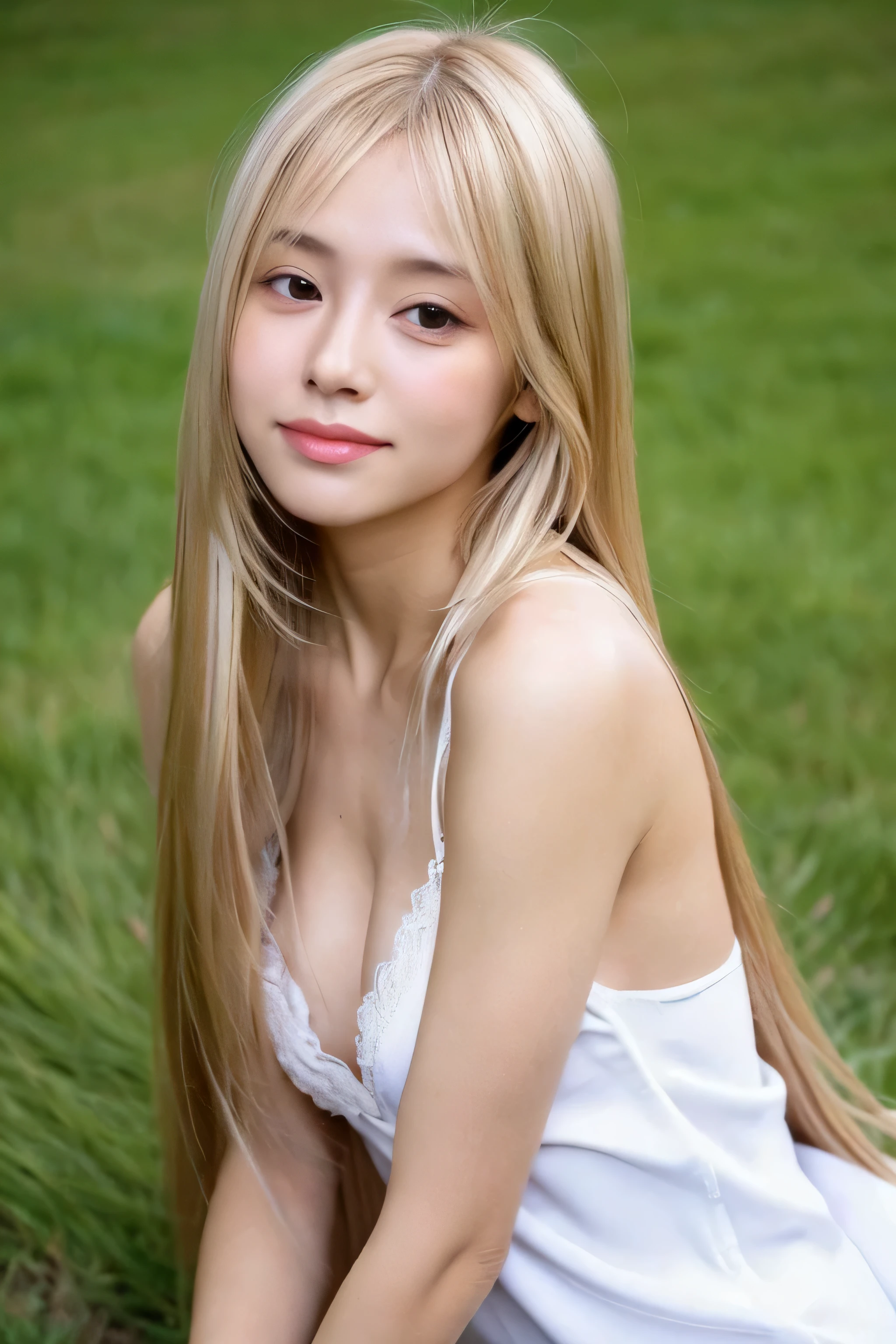 ((highest quality)), ((masterpiece)), (be familiar with), perfect face　(1 girl)　(Japanese)　(She is the cutest 18-year-old student in Japan.)((highest quality)), ((masterpiece)), (become familiar with), perfect face　arafed woman with long blonde hair 　long golden shiny hair,Golden silky hair, Straight blonde hair, long blonde straight hair, Perfect silky straight hair, Straight blonde hair, long blonde hair, her hair is long and straight, detailed long blonde hair　(Big breasts as big as dodgeballs 1.4)　(big breasts 1.4)　(Super long hair down to the ankles)　neat bangs　The neatly trimmed bangs are princess cut and cover the entire forehead..　bright deep red lip　fine hands　fine fingers　five fingers　Sexy professional make up　beautiful japanese girl face, Facial features of Japan, with long hair shiny long hair, long golden shiny hair, long and straight golden hair, her hair is long and straight, super long hair girl, silky hair, long blonde hair, silky hair, Long flat hair, Silky texture, with long hair, Long flowing blonde hair, thin and shiny hair　(twin tails)　Detailed white beautiful human body anatomically correct skin　detailed eyes　detailed mouth　the corners of the mouth rise slightly　(lips are thin)　front view　embarrassed look　smiling expression　serious expression　(I don't wear any clothes)　(Sitting on the ground with legs apart on a sunny meadow)　(looking at the viewer)　(Eyebrows are dark brown in color)　Please cover your entire body from head to ankles.
(I don&#39;t even wear lingerie)　(I&#39;m putting my hand on my crotch)