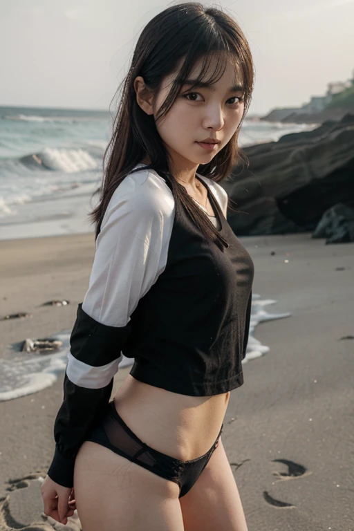 one girl, doggystyle position, in the middle of the beach, view from behind