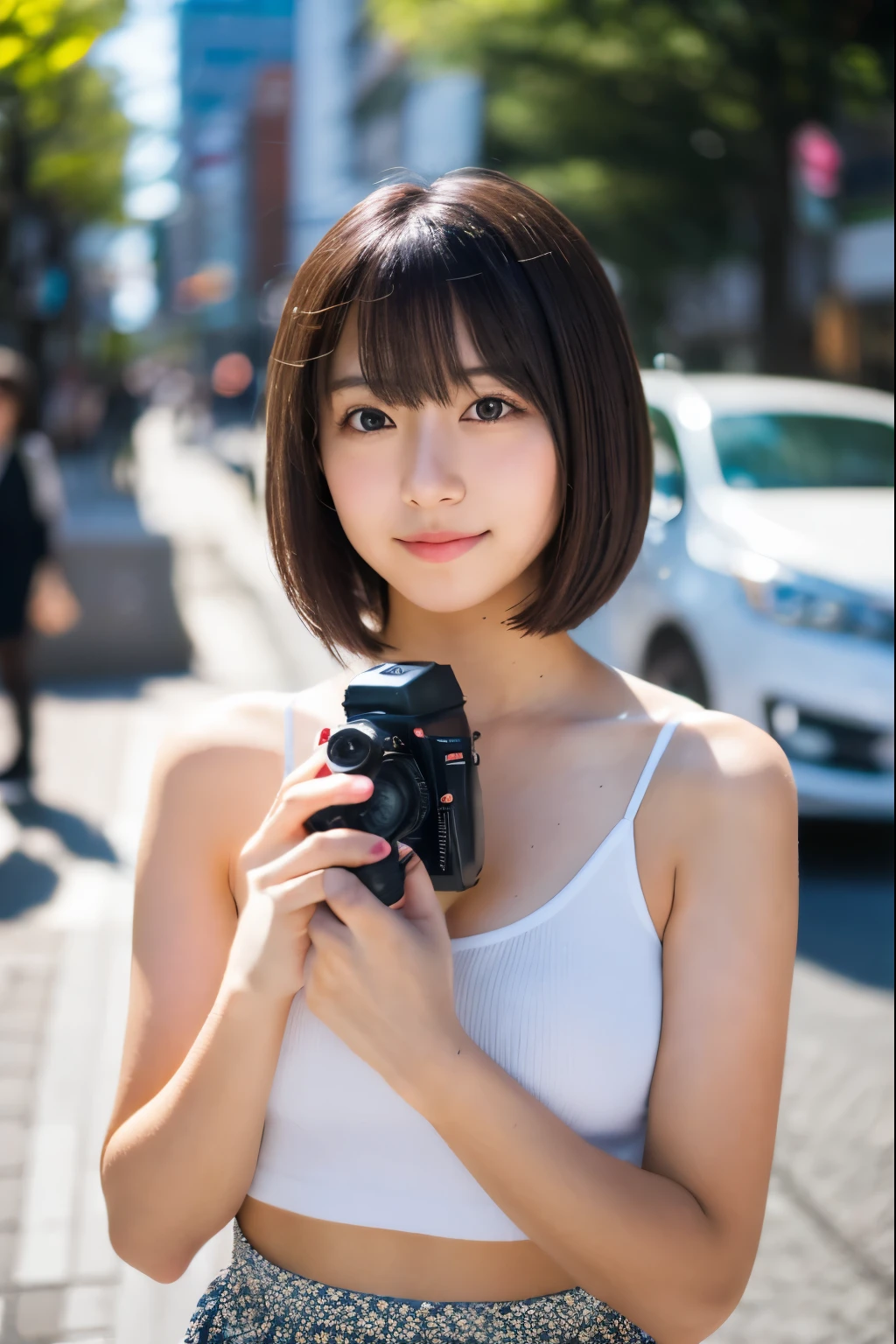 1 girl, Realistic young idol, young gravure idol, young beautiful girl idol, japanese model, beautiful asian girl, short hair with bangs, bob cut, masterpiece, 8K, Average Japan, Average Japan, ,camera girl, with a single-lens reflex camera, Shooting in the city,