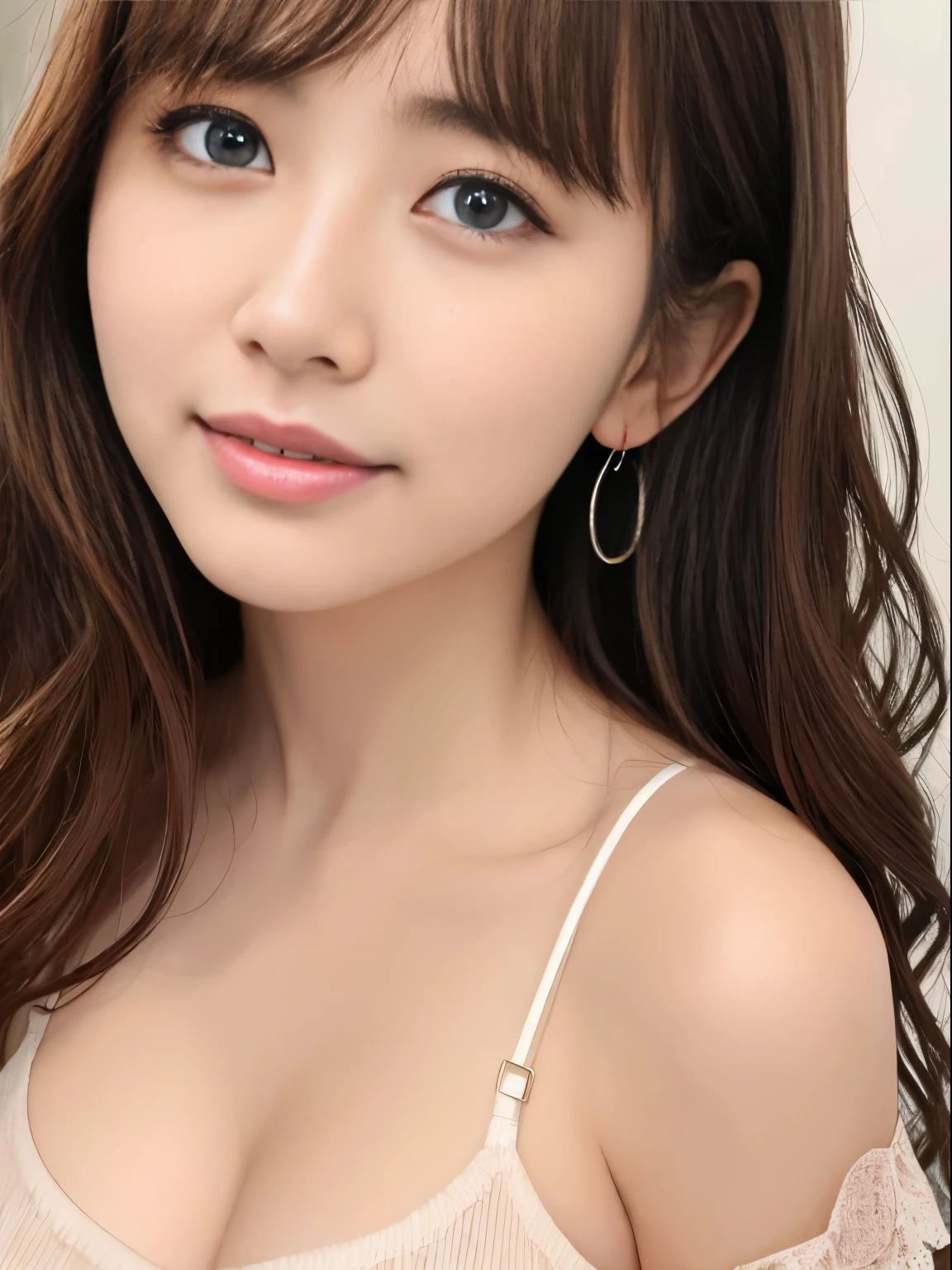 (8k raw photo:1.5,highest quality)、real image、intricate details、Super detailed、ultra high resolution、depth field、(realistic,realistic:1.2)、table top、front shot、from the middle、1 girl、very beautiful *********** girl、innocent big eyes、beautiful breasts:1.5、(highly detailed eyes:1.2)、(beautiful breasts:1.1)、wavy hair、curly hair、bangs、perfect skin,Fair skin、beautiful breasts,put your hand on your chest、tight waist、light blush、alone、looking at the viewer、light smile、wearing a camisole、