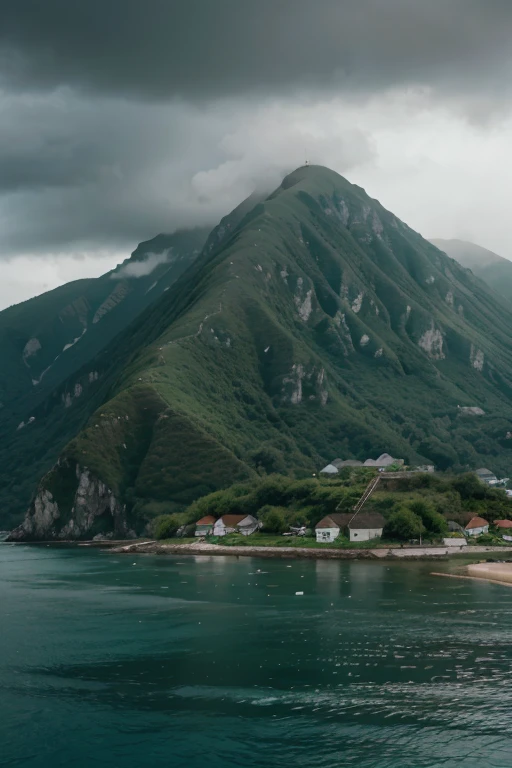 Rainy ocean with mountainous island, small village, boat on land