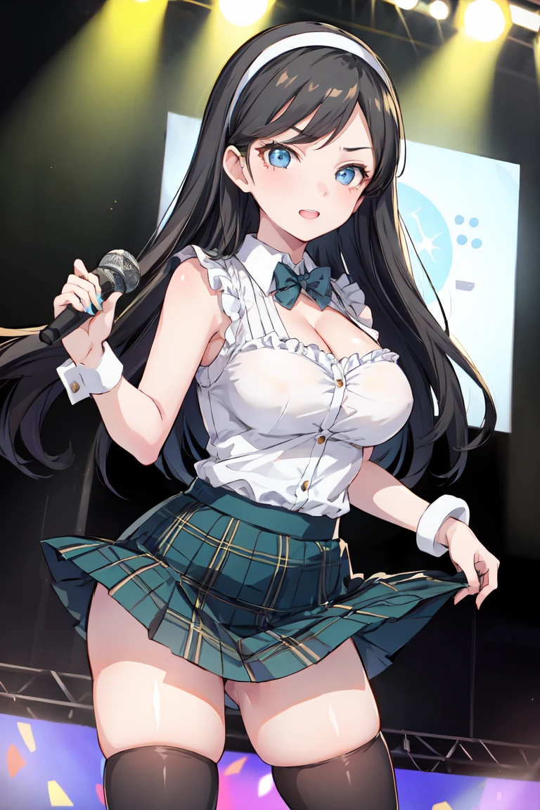 masterpiece, best quality, kumashiro maya, 1girl, solo, (skirt lift:1.2), breasts, cleavage, long hair, white headband, parted bangs, blue eyes, looking at viewer, sweat, large breasts, flashy gyaru, happy, showy,too many accessories, colorful , kogal, kogal gyaru,  idol, (school festival frilled costume:1.3), (mini skirt:1.3), (tartan skirt), zettai ryouiki, bow tie, (button gap:1.1), sleeveless, cuffs, tights, on stage, spotlight, holding microphone