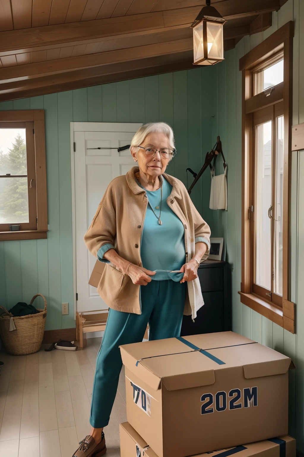 Sowell Bay, Washington, 2023. An old ((((70-year-old)) Tova Sullivan)), swedish woman, packing things up in the attic, ((nostalgic expression)). ((((clothings from the 2020s)))), ((hairstyle of the 2020s))