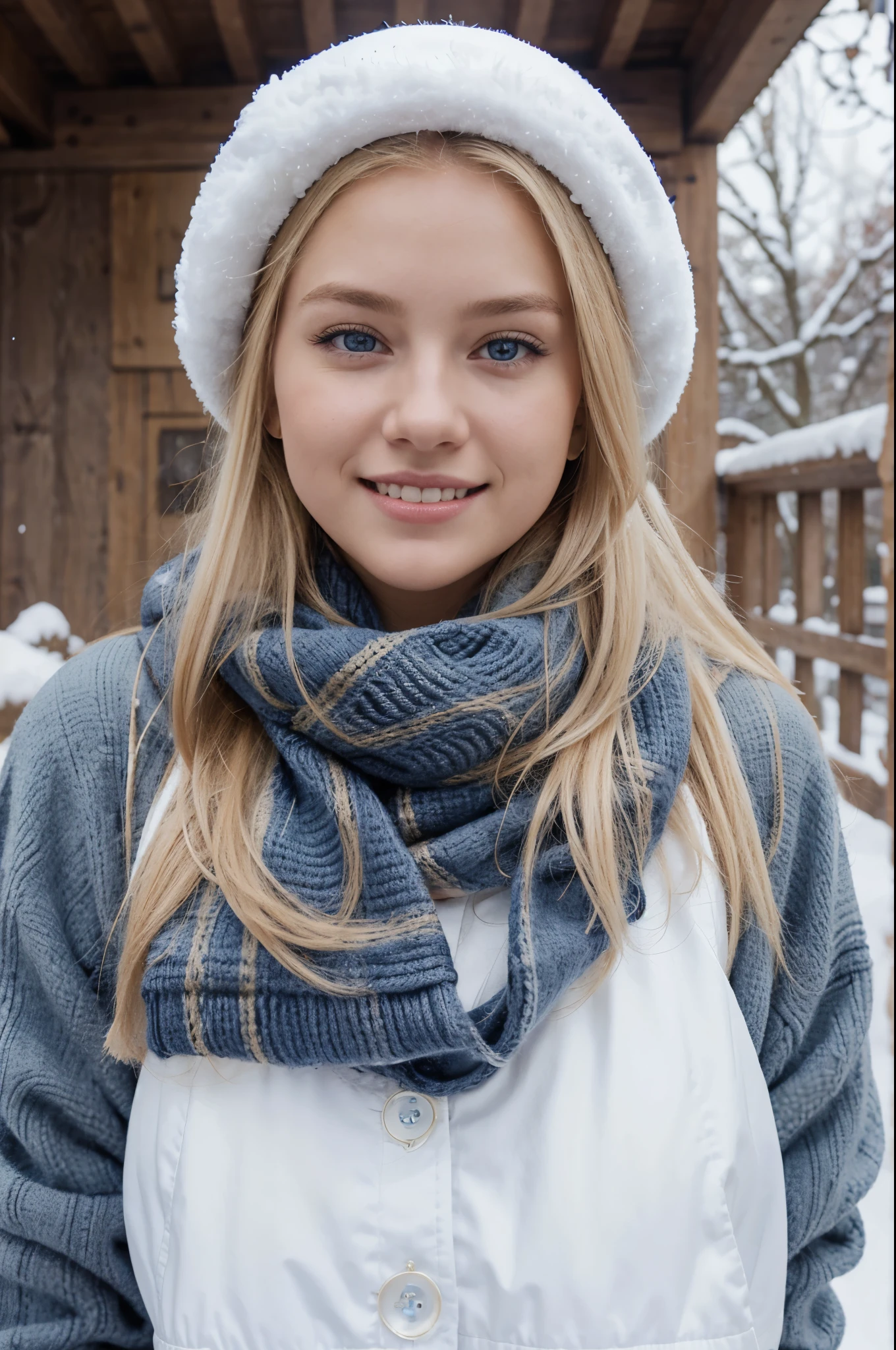 full body picture, winter, snow, winter outfit, scarf, haube, young and cute face, chubby, cute smile with beautiful teeth, best quality, Meisterwerk, Realistisches Foto, Komplizierte Details, RAW-Foto, Ultra-detailliert, blondes haar, cute face, Body size B, blondes Haar, perfekte und blaue Augen, HD quality, 8K, young woman, 20 Jahre alt