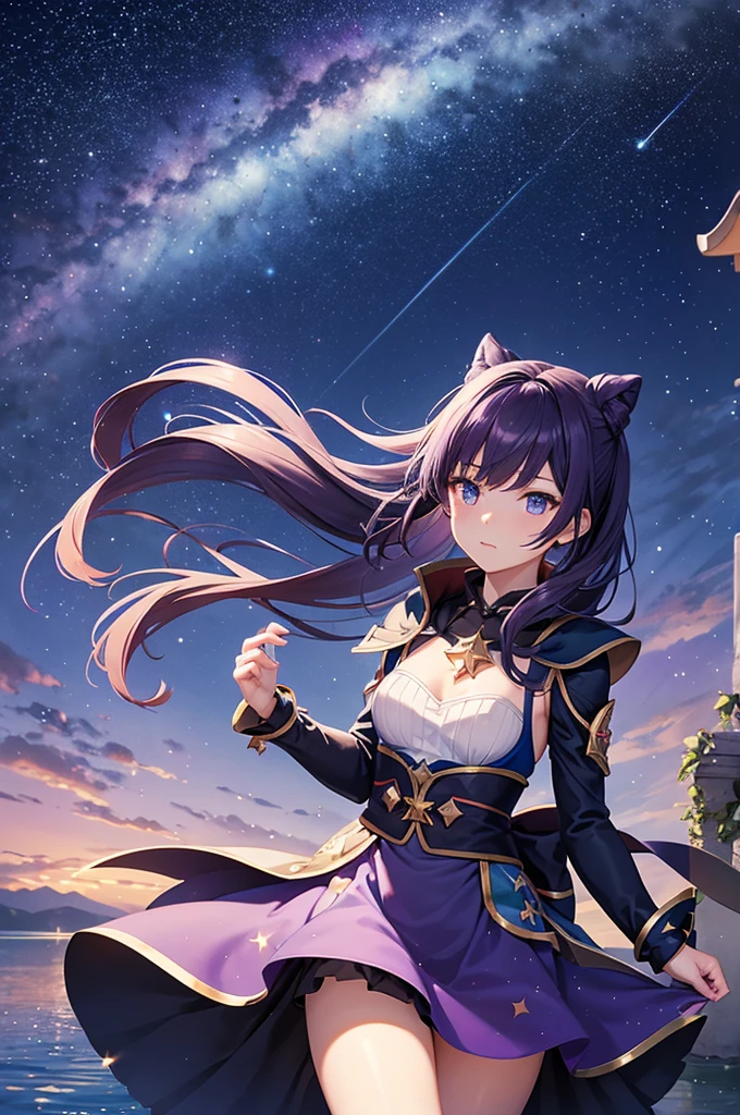 girl, Located in the corner, looking at the Sky, alone, Mona (Genshin Impact), collar, hair between eyes, Star (symbol), long hair, dark purple hair, Double tail, blue eyes, shining eyes, jewelry, witch, maid, Bangs, Purple black dress, Purple skirt, white apron, landscape, night Sky, Star (Sky), Starry Sky, night, outdoor, cloud, reflection, water, magic, tarot cards, water magic, ((beautiful golden crystal Star)),  space, water droplets, splash