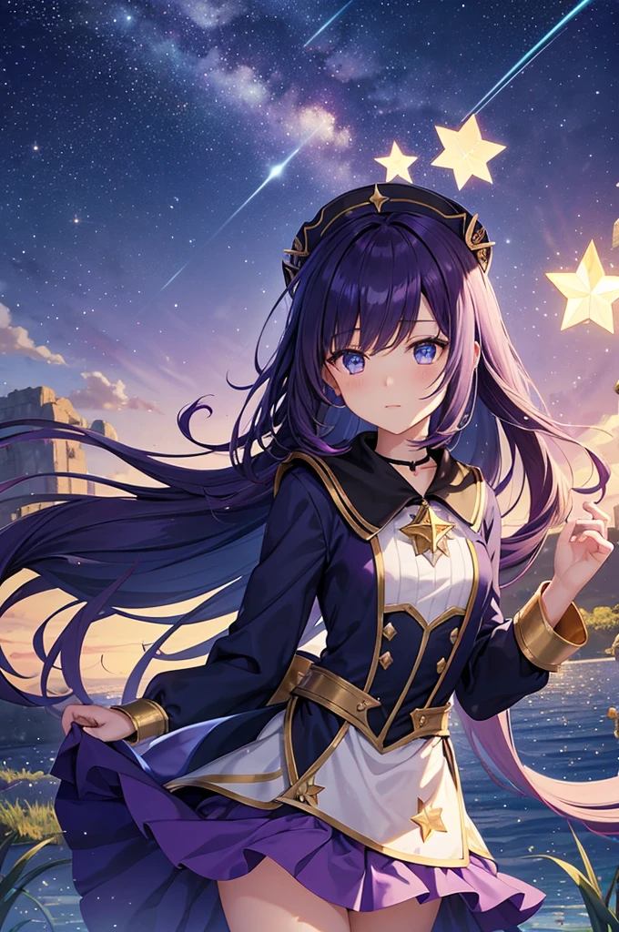 girl, Located in the corner, looking at the Sky, alone, Mona (Genshin Impact), collar, hair between eyes, Star (symbol), long hair, dark purple hair, Double tail, blue eyes, shining eyes, jewelry, witch, maid, Bangs, Purple black dress, Purple skirt, white apron, landscape, night Sky, Star (Sky), Starry Sky, night, outdoor, cloud, reflection, water, magic, tarot cards, water magic, ((beautiful golden crystal Star)),  space, water droplets, splash