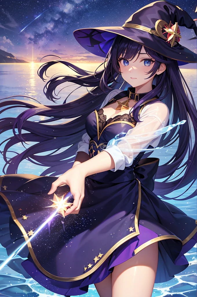 girl, Located in the corner, looking at the Sky, alone, Mona (Genshin Impact), collar, hair between eyes, Star (symbol), long hair, dark purple hair, Double tail, blue eyes, shining eyes, jewelry, witch, maid, Bangs, Purple black dress, Purple skirt, white apron, landscape, night Sky, Star (Sky), Starry Sky, night, outdoor, cloud, reflection, water, magic, tarot cards, water magic, ((beautiful golden crystal Star)),  space, water droplets, splash