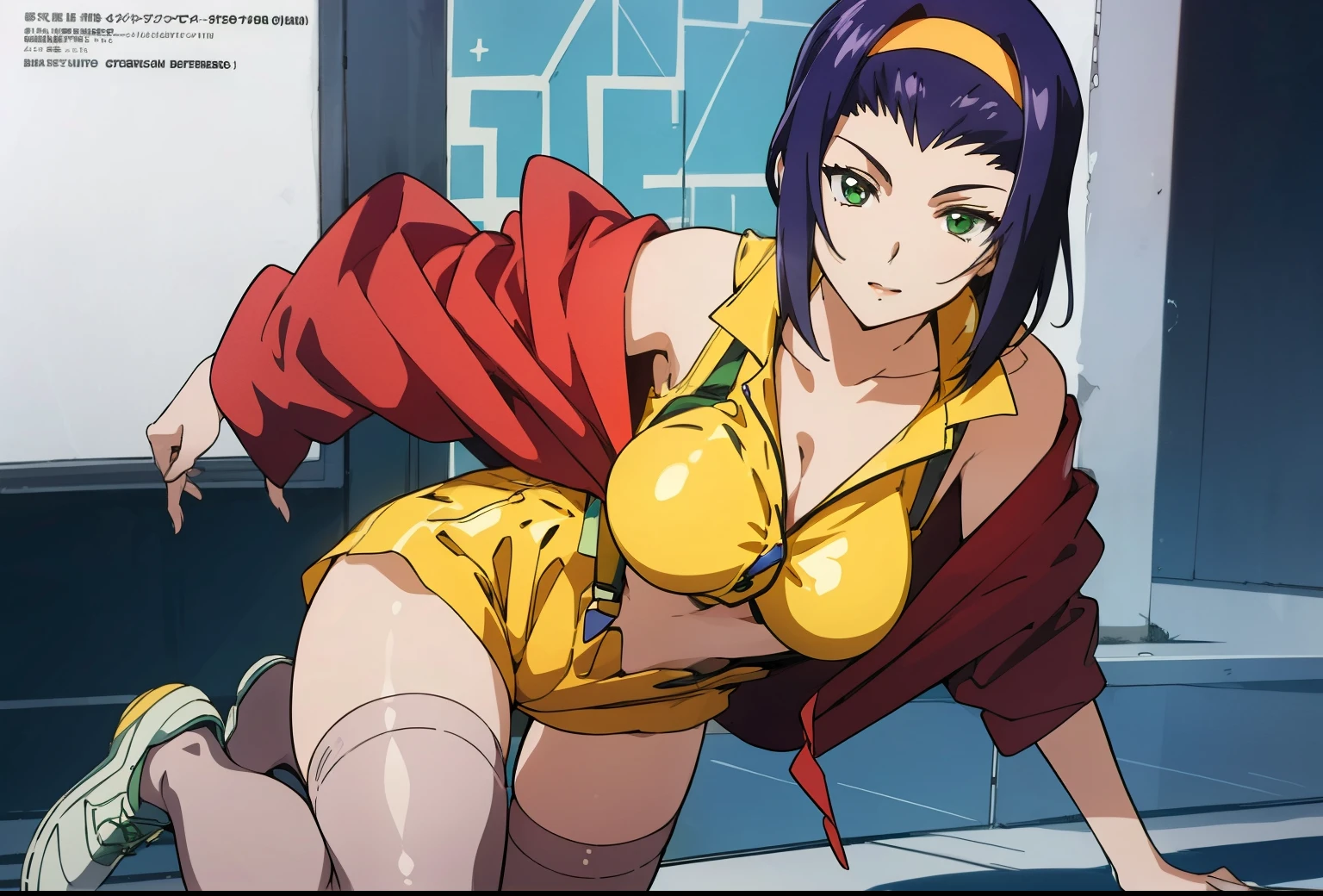  1 girl, middle breasts, Faye Valentine, yellow hair band, yellow shirt, yellow shorts, suspenders, white shoes, Thighhighs, red jacket ,off shoulder, purple hair, green eyes , masterpiece ,8k unity wallpaper,anime key visual,highest quality, High resolution, unity 8k wallpaper, (shape:0.8), highly detailed face,highly detailed eye,glowing eyes , shiny skin,fine skin,white skin,dense skin,detailed hair,highly detailed legs,perfect lighting, Detailed CG, (perfect hands, perfect anatomy),High resolution,anime key visual,Kyoto Animation,(Detailed wear ), delicate curves,   ,figure:0.8,beautiful thighs,