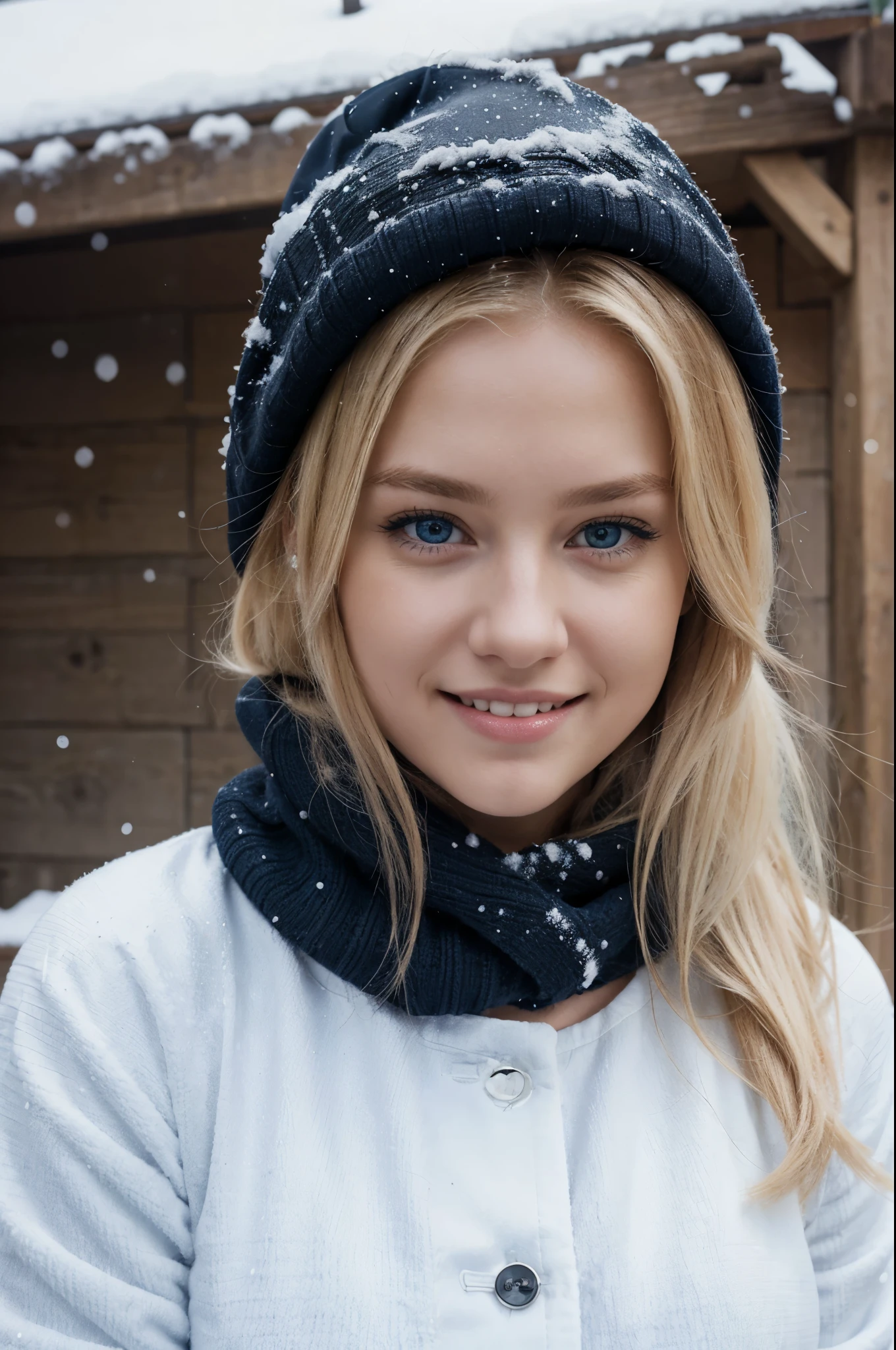 full body picture, winter, snow, winter outfit, scarf, haube, young and cute face, chubby, cute smile with beautiful teeth, best quality, Meisterwerk, Realistisches Foto, Komplizierte Details, RAW-Foto, Ultra-detailliert, blondes haar, cute face, Body size B, blondes Haar, perfekte und blaue Augen, HD quality, 8K, young woman, 20 Jahre alt