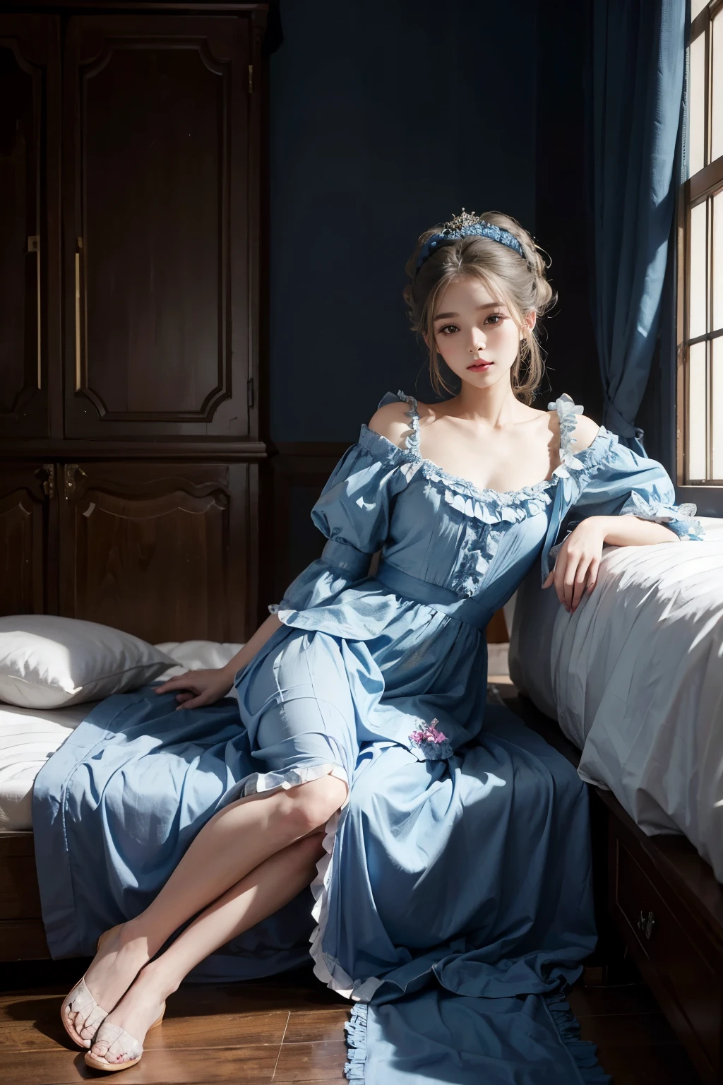 Araped woman sitting on bed in blue dress, inspired by Jean-Baptiste Van Loo(Jean-Baptiste van Loo), korean beauty, different actions, clothes:random color,
