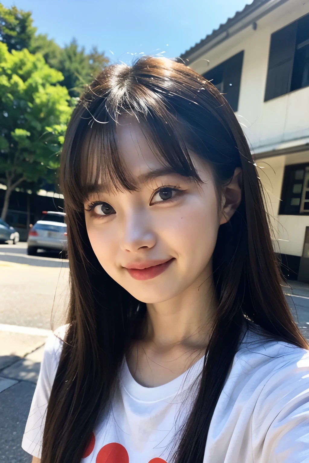 Portrait of ichikajp, beautiful girl, medium breasts ((24 year old girl)), ((SFW)), looking at the audience, ((outdoor)), t-shirt, Gene