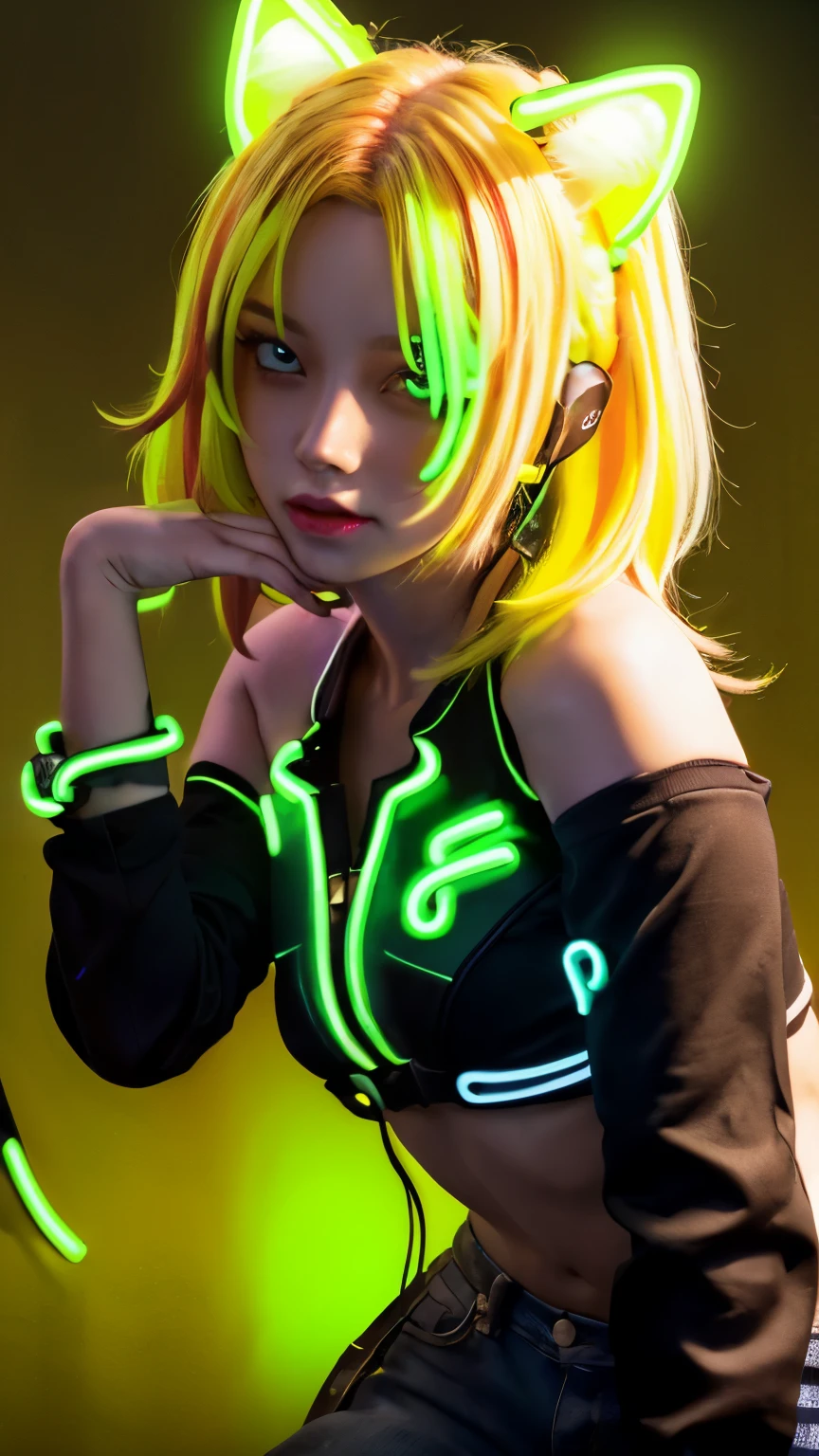 masterpiece, highest quality, 4K, Photorealistic, bokeh, enlightenment,1 perfect portrait of a girl, (A fascinating eye for perfect detail:1.2), colorful hair, (gradient hair), (neon yellow hair:1.6), (Cat ear:1.2), fantasy background, (exposed bare shoulders), (long-term alienation_sleeve), (lean forward a little), head tilt, movie lighting, oversized clothes, (seductive pose:1.4), (neon yellow background:1.6)