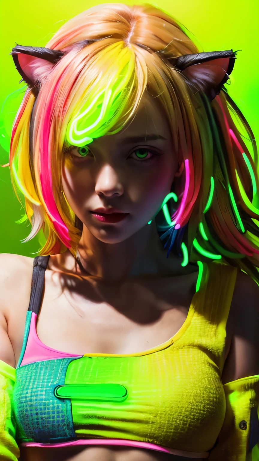 masterpiece, highest quality, 4K, Photorealistic, bokeh, enlightenment,1 perfect portrait of a girl, (A fascinating eye for perfect detail:1.2), colorful hair, (gradient hair), (neon yellow hair:1.6), (Cat ear:1.2), fantasy background, (exposed bare shoulders), (long-term alienation_sleeve), (lean forward a little), head tilt, movie lighting, oversized clothes, (seductive pose:1.4), (neon yellow background:1.6)