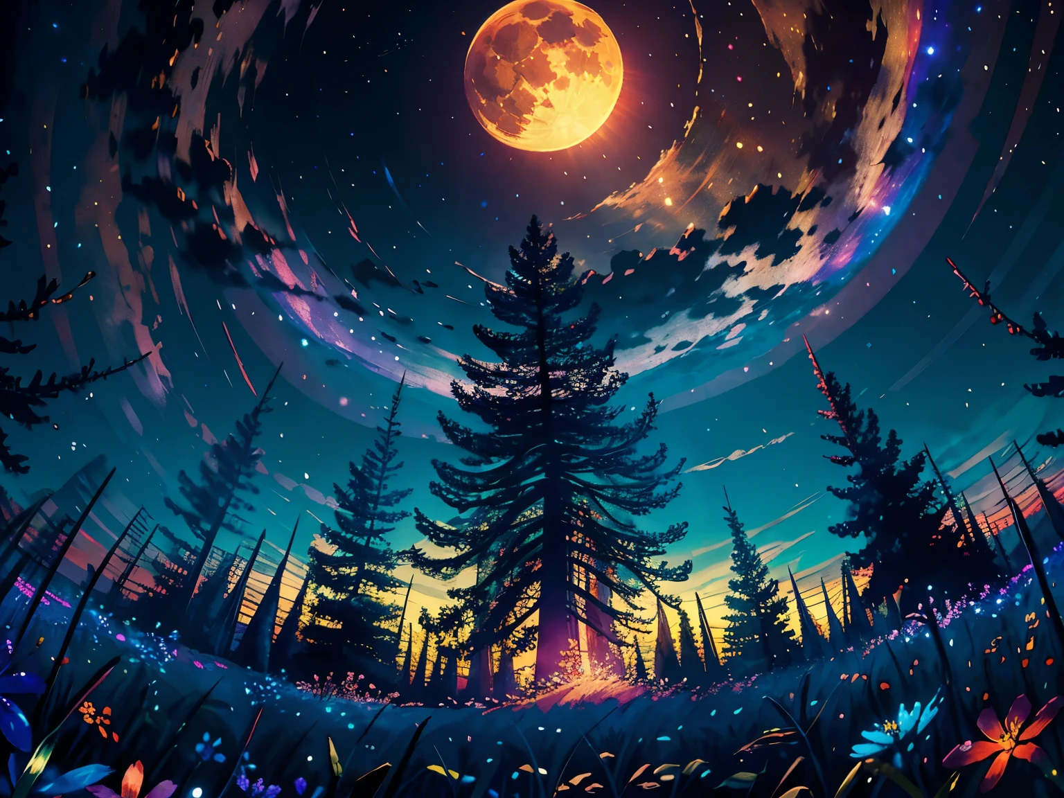 Wide angle landscape photography, (Looking from below, You can see the sky and the forest below..), Standing in a field of flowers, search, (full moon: 1.2), (shooting stars: 0.9), (nebula: 1.3), distant mountains, tree BREAK production art, (warm light source: 1.2), (firefly: 1.2), lamp, purple & orange, complicated details, Adjust BREAK volume (Masterpiece: 1.2), (Highest quality ), 4k, very detailed, (dynamic configuration: 1.4), Highly detailed and colorful details (rainbow colors: 1.2), (sparkling light, atmosphere light), dreamlike, magical, (alone: 1.2)