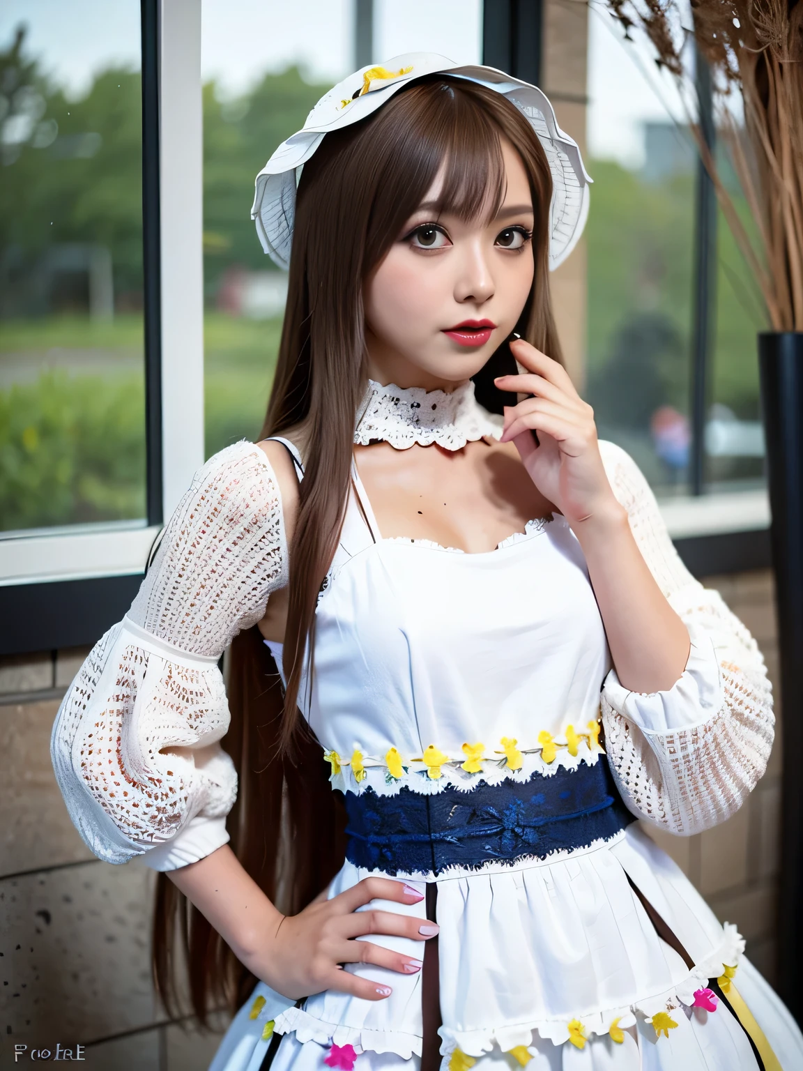 (best quality:1.2), (realistic, photo-realistic:1.3), (masterpiece:1.1), (teenage:1.3), (happy:1.2), (Gravure idol:1.2), (slender girl:1.3), (flat chest:1.3), (multicolored hair:1.2), (blue eyes:1.3), (brown skin:2), (garden:1.1), (colorful flowers:1.1), (fractal structure pattern:1.3), gal.safetensors, (Clothes with attention to detail:1), (Lolita fashion made of delicate lace:1.3), (A large hat made of delicate lace:1.1), (Wear pink and yellow:1.1)