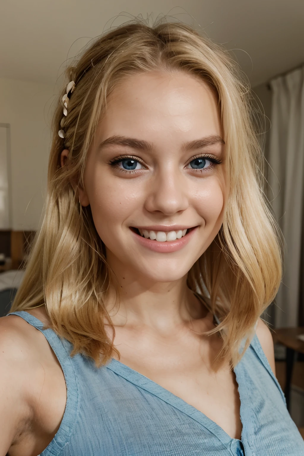 do a selfie, laughing with beautiful teeth, happy face, a little bit of impure skin, skin realistic, at home, cute outfit, young and cute face, chubby, best quality, Meisterwerk, Realistisches Foto, Komplizierte Details, RAW-Foto, Ultra-detailliert, blondes haar, cute face, Body size B, blondes Haar, perfekte und blaue Augen, HD quality, 8K, young woman, 20 Jahre alt