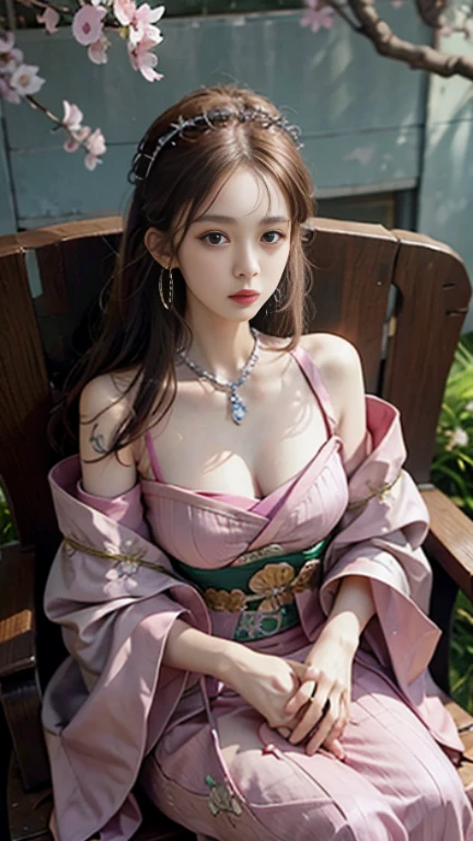 Portrait of a 21 year old saint,Charming adult saint in a long dress made of thin silk, beautiful saint with an old face, adult, She is wearing a bright pink colorful dress:1.5, beautiful face without blemishes, ((Hair length, 7 colors:1.2)), large crown, hair brooch, hanfu dress, chinese ancient style, full body jewelry, 額のtattoo, faceのtattoo,Very even breasts, face, innocent face, The most beautiful and delicate pale pink lipstick, ((Thin and plump lips:0.3)), ((Golden Eyes Color:0.6)), Detailed and subtle lighting effects, light and dark, dramatic lighting, magic light, highly detailed light, natural color, super sharp, realistic, 8K quality, fantasy universe background, A space of saints and magic, most detailed image, ((alone:0.3)), ((to the saints:0.6)), ((saintを真っ直ぐ見つめる'Upper body:0.4)), ((smooth skin:0.5)), ((saint'Veil:0.6)),tattoo , フェイスtattoo,Oiran , Clothing made from jewels , cherry blossoms , 🌸 , grassland , Close your eyes and sleep on the chair.:1.5