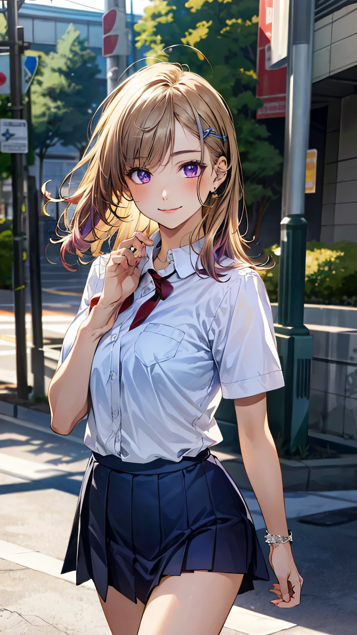 (masterpiece:1.2, top-quality), (realistic, photorealistic:1.4), beautiful illustration, (natural side lighting, movie lighting), 
looking at viewer, full body, front view:0.6, 1 girl, japanese, high school girl, perfect face, cute and symmetrical face, shiny hair, shiny skin, 
(middle hair, (one side up), (blonde hair)), crossed bangs, purple eyes, big eyes, long eye lasher, (middle breasts), (3 white hairpin), 
beautiful hair, beautiful face, beautiful detailed eyes, beautiful clavicle, beautiful body, beautiful chest, beautiful thigh, beautiful legs, beautiful fingers, 
((short sleeve white collared shirt, light blue skirt), red neck ribbon, wrist chouchou, purple hair chouchou), 
(beautiful scenery), sidewalk, (walking, skirt hold), (false smile), 