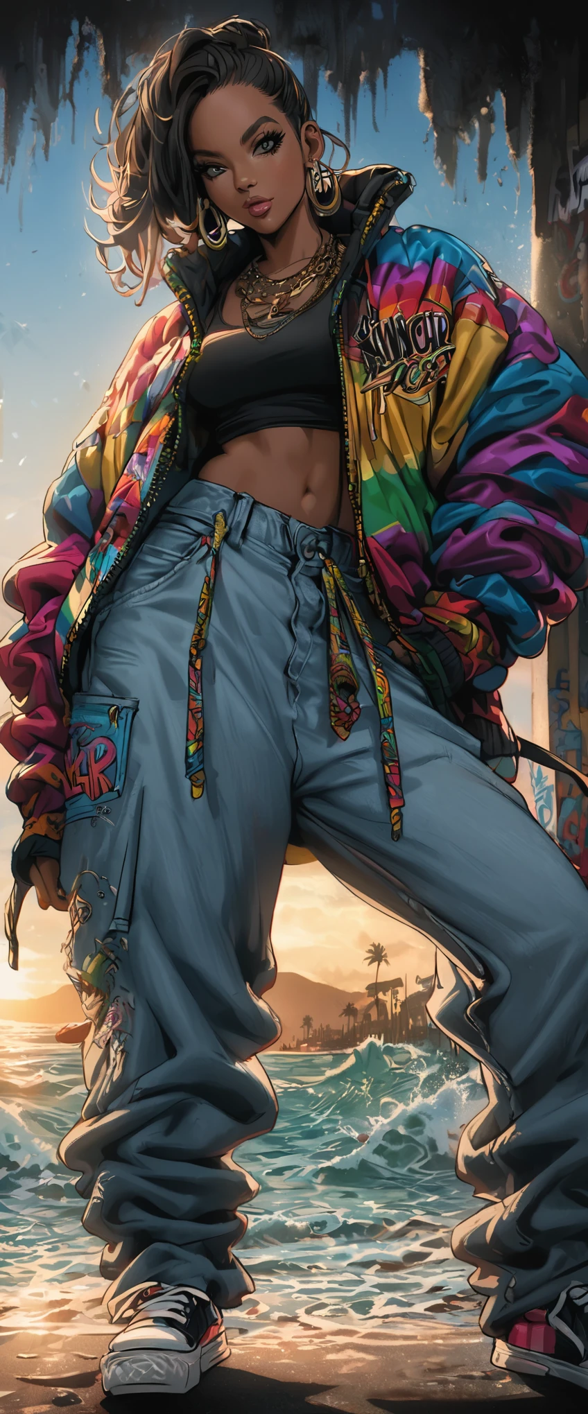 Full color drawing of Jamaica hip hop, hip hop, hip hop, hip hop, baggy jeans, rap (((graffiti art) (by Karen Griffiths))), With the sea as background, Crazy details, intricate details, Super details , low contrast, Cinema soft light, exposure blending, high dynamic range, front