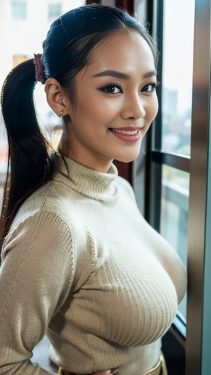 (huge breasts:1.4) ,(thai woman:1.4),(highponytail),(forehead),(U-neck sweater:1.3),thin waist,(smile:1.3),small mole under the eye,biologically correct hand,cowboy shot:1.3,(Suite of room:1.3),(Street display outside the window),