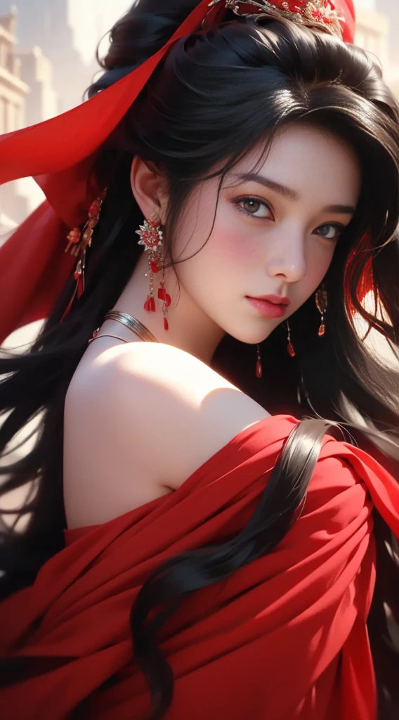 1 female, 18 years old, Close-up upper body portrait, black hair, flowing hair, hazy beauty, Has extremely beautiful facial features, red dress, , , (spring,Terraces, ), Simple vector art, , soft light, layered form, look down
