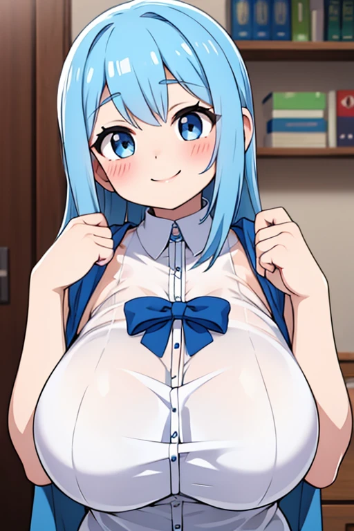 Huge breasts, sheer clothing, pale blue hair, smiling, blushing