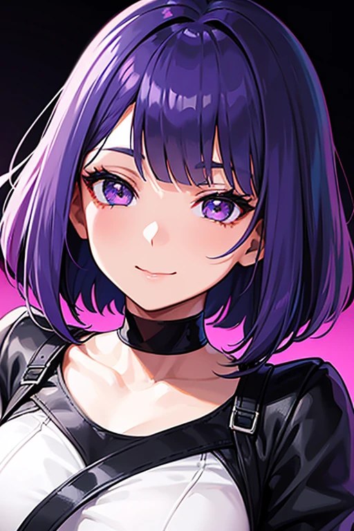 Anime-style portrait of a girl with a violet bob cut making eye contact with the camera, bright eyes, subtle smile, minimalistic background to emphasize character, high contrast, clean lines, digital painting, vivid colors
