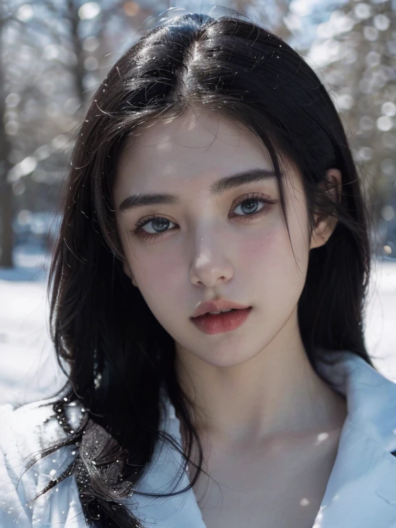 ( masterpiece, top quality, best quality,8k, girl,ultra detailed,raw photo:1.5),(photorealistic:1.4), (straight black hair:1.5), (cinematic lighting), PerfectNwsjMajic, , Surrealism, UHD, ccurate, Super detail, textured skin, High detail, Best quality, dynamic angle, White skin,[Beautiful blue eyes], high nose,[flat chest:large breasts:0.5],(1girl),(good anatomy:0.5)),(Portrait:1.5),(snow)
