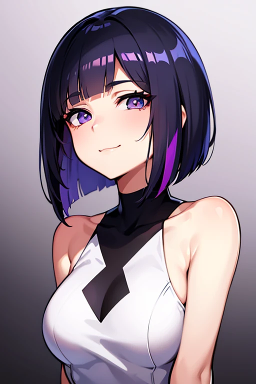 Anime-style portrait of a girl with a violet bob cut making eye contact with the camera, bright eyes, subtle smile, minimalistic background to emphasize character, high contrast, clean lines, digital painting, vivid colors, medium