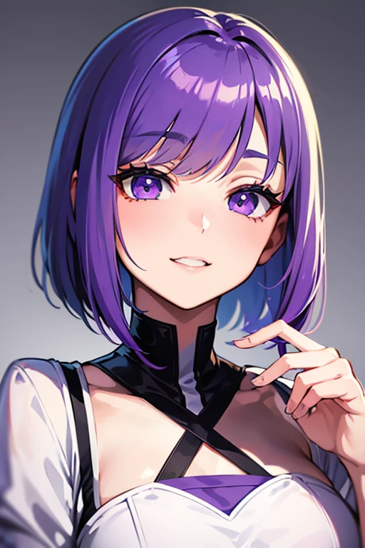 Anime-style portrait of a girl with a violet bob cut making eye contact with the camera, bright eyes, subtle smile, minimalistic background to emphasize character, high contrast, clean lines, digital painting, vivid colors, medium 