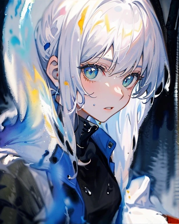 A stunningly beautiful young woman in an apocalyptic, devastated world, beautiful silver hair, Camouflage pattern combat suit, Portrait by Willem Henraets, watercolor, Wet-on-wet and splatter techniques, in the center, perfect composition, abstraction, surrealism