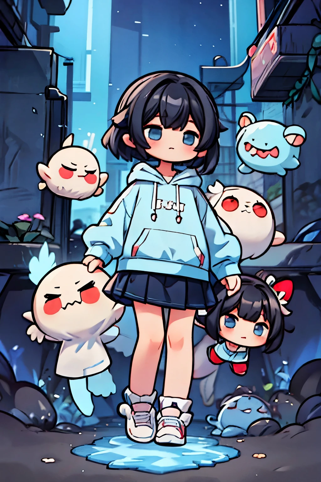 full body、black hair、Light blue only hoodie、black skirt、With cute monsters