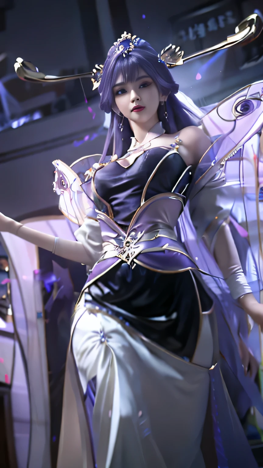 Elder Tianqiong，purple hair，exquisite facial features，White skin，purple theme，skirt，purple dress，beautiful，Exquisite facial features，delicate face，