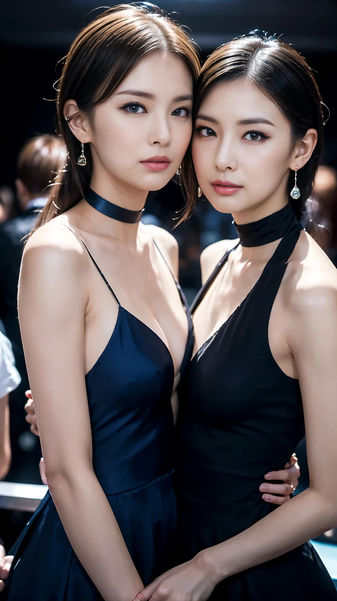 (masterpiece, highest quality, 8K, sharp focus, Depth of the bounds written, best shadow, perfect light, HDR, realistic skin texture, ultra-be familiar with background, be familiar with), anime style, two women kissing (one of them has green eyes, white skin, black hair ponytail, choker, small breasts, slim, compensate, eyeliner, Sparkling), (The other woman has blonde hair.), at the nightclub, cyberpunk theme, cyberpunk city.