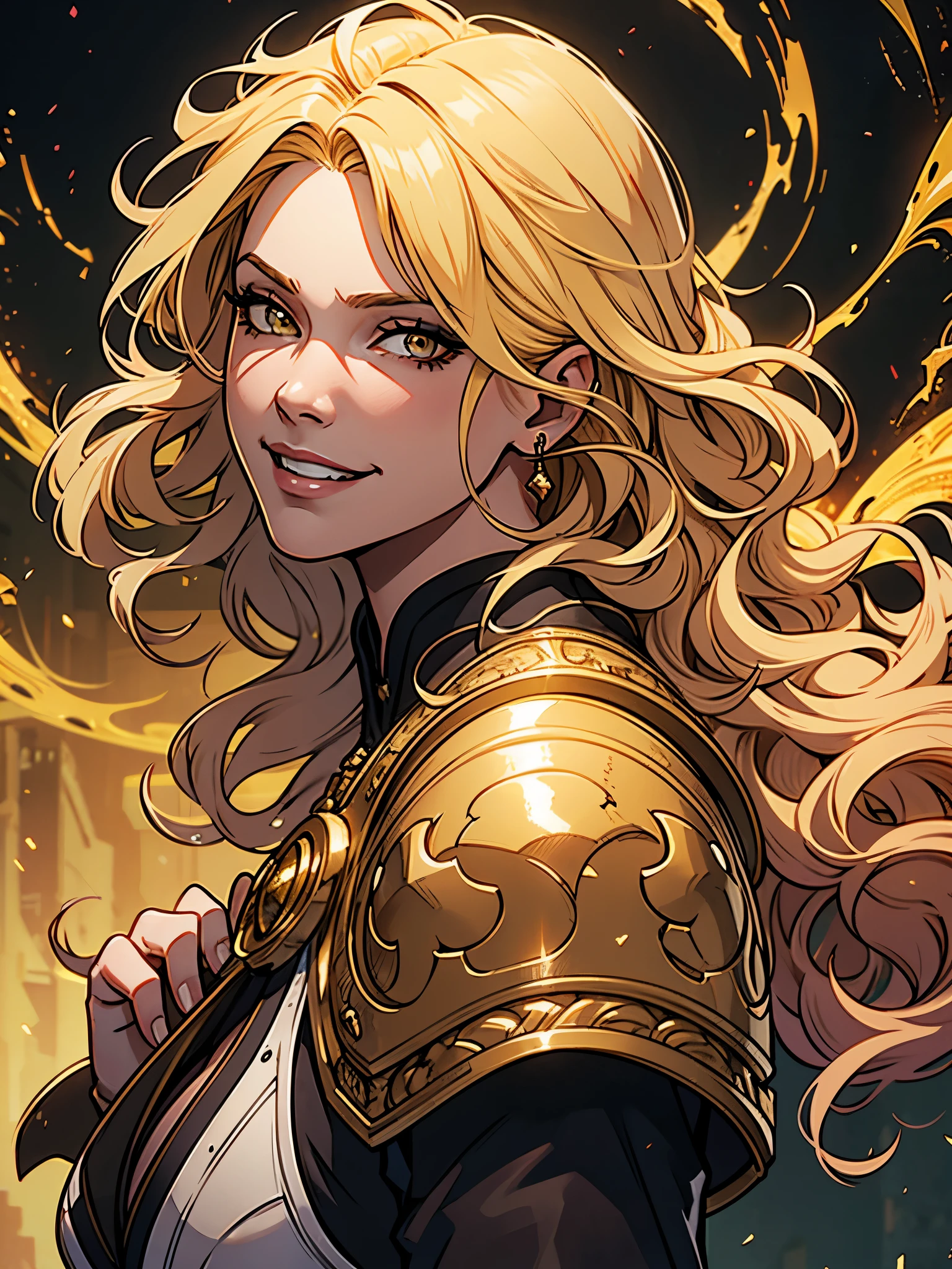 close-up head, facing camera, realistic digital painting portrait of a female human, 3r1nm0r1art72, cute smile, (wavy hair:1.1), (blonde hair:1.3), magical yellow universe, white magic cloth armour with yellow engrave in intricate details, (abstract, background:1.2), (light particle:1.1), (very detailed skin:1.2), (game concept:1.3), (elden ring style:1.3), (arcane style:0.8), (depth of field:1.3), global illumination, art by hoang lap and fuji hoko and artgerm and greg rutkowski and viktoria gavrilenko 