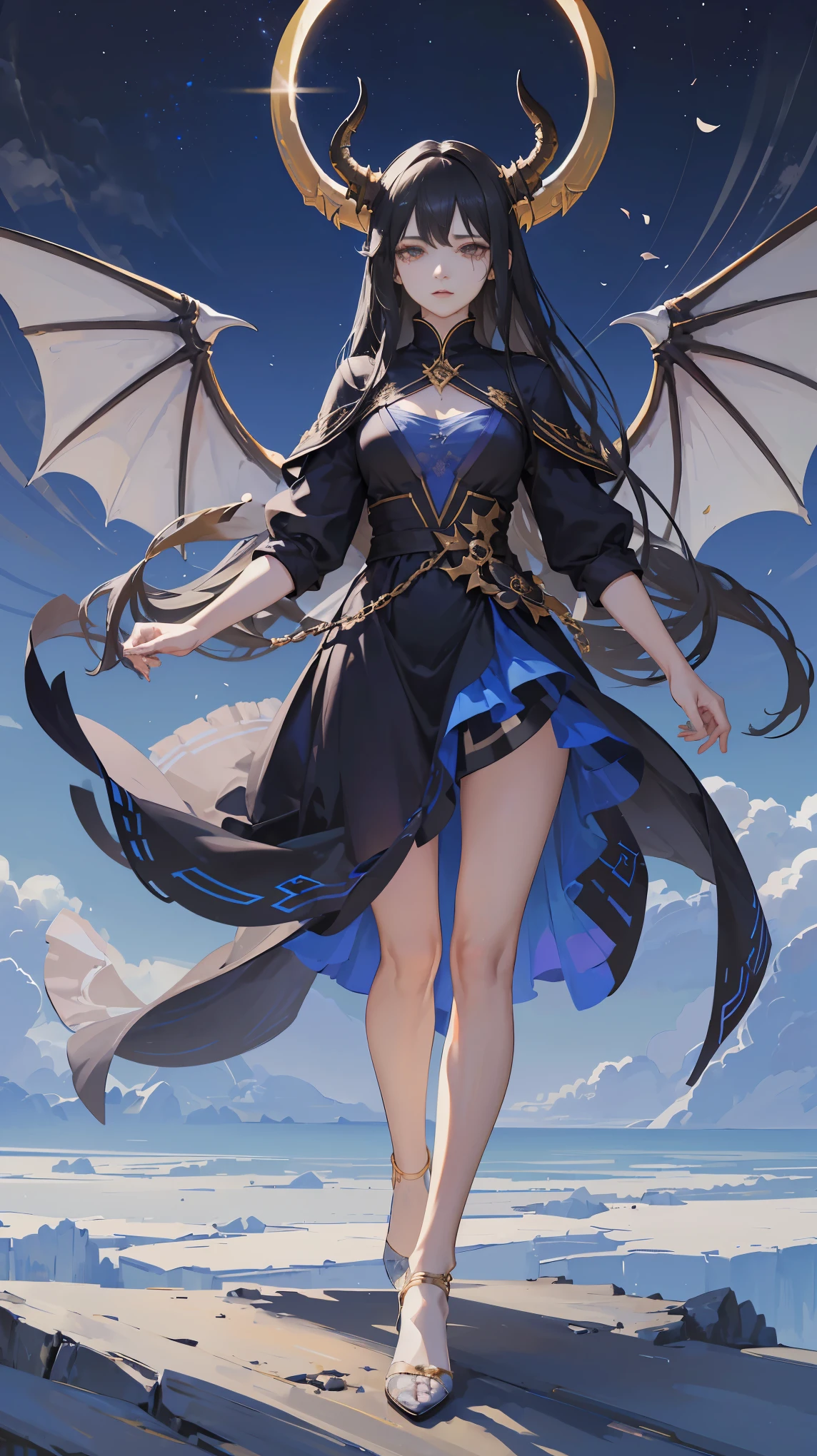Seven Rhaeyar (Deylta), Ancient Star goddess, Perfect female anatomy (Adult Female, 166cm in height, pale skin, slim, slender, 34D breast size, Gray Eyes, Long Black Hair, Beauty Mark Mole on right cheek bone, a set of black horns on her head), Neutral facial expression, Elegant white, black and blue dress female uniform dress with gold and rope accessories and dragon motifs, View of the open blue sky with only clouds, receiving light from the front, Ethereal glow, blue petals