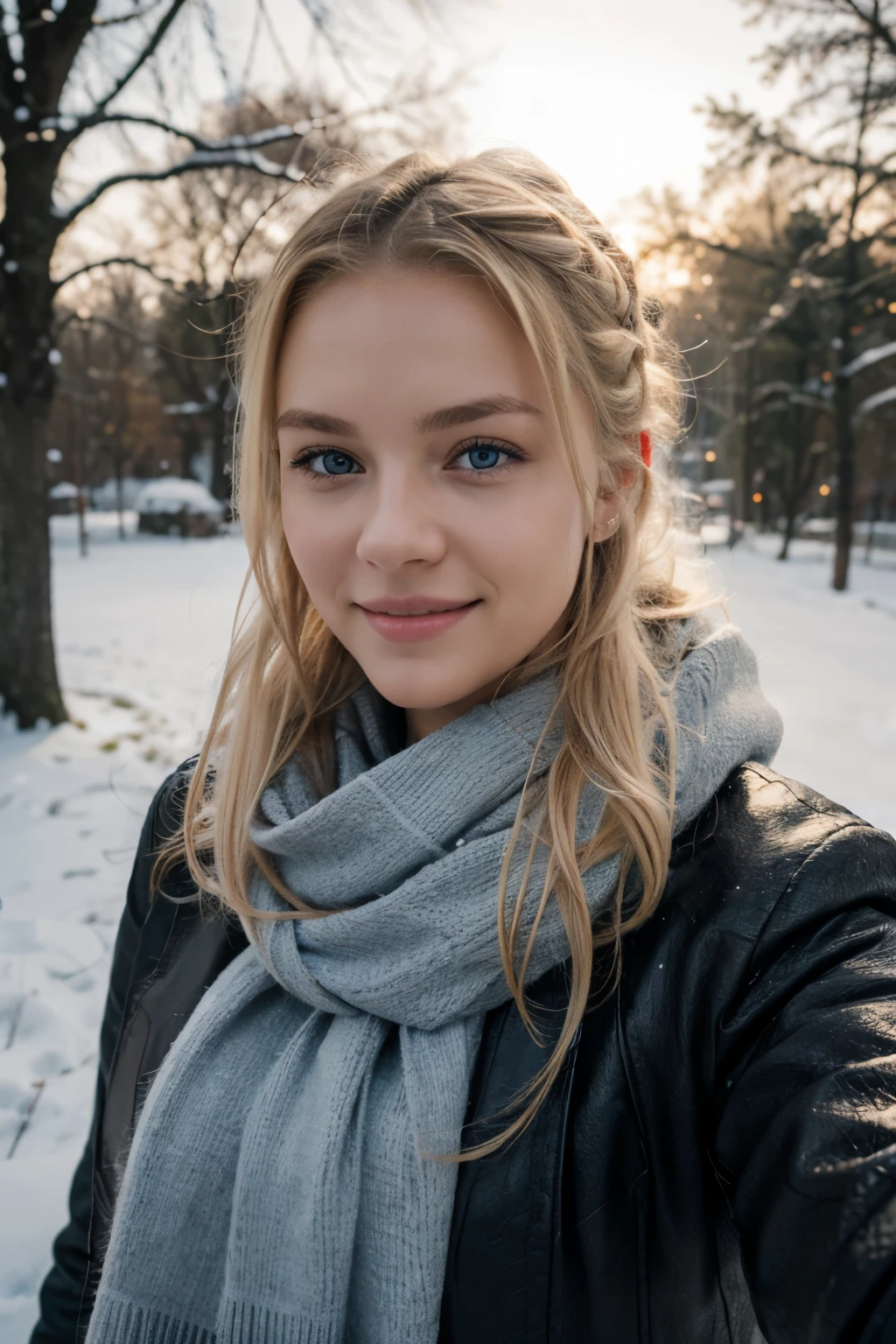 do a selfie, having a walk with dog, evening, winter, winter outfit, scarf, cute smile with beautiful teeth, young and cute face, chubby, best quality, Meisterwerk, Realistisches Foto, Komplizierte Details, RAW-Foto, Ultra-detailliert, blondes haar, cute face, Body size B, blondes Haar, perfekte und blaue Augen, HD quality, 8K, young woman, 20 Jahre alt